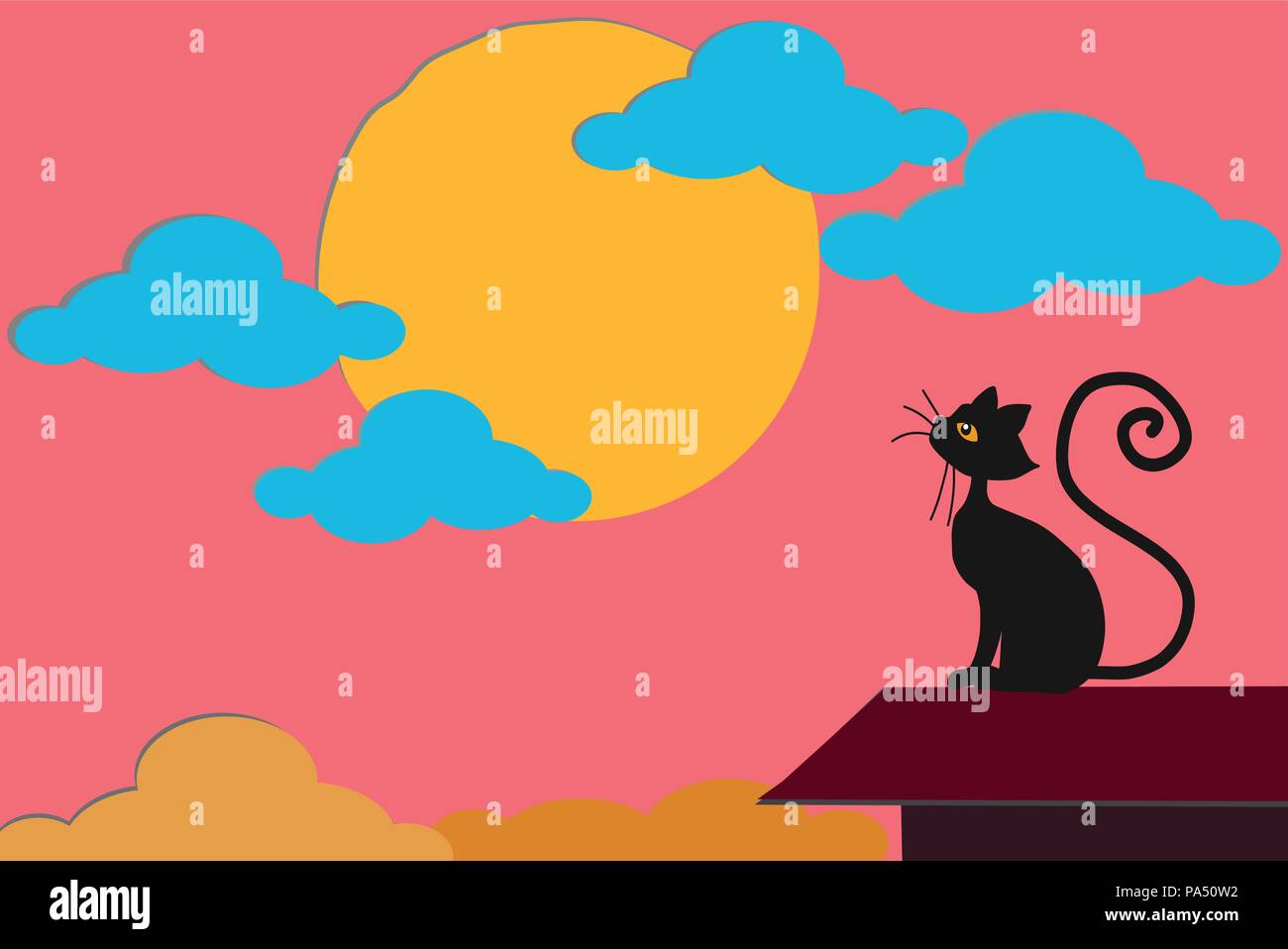 Schöne schwarze Katze beobachten, wie die Sonne auf Rosa bewölkter Himmel, auf dem Dach des Hauses Stock Vektor