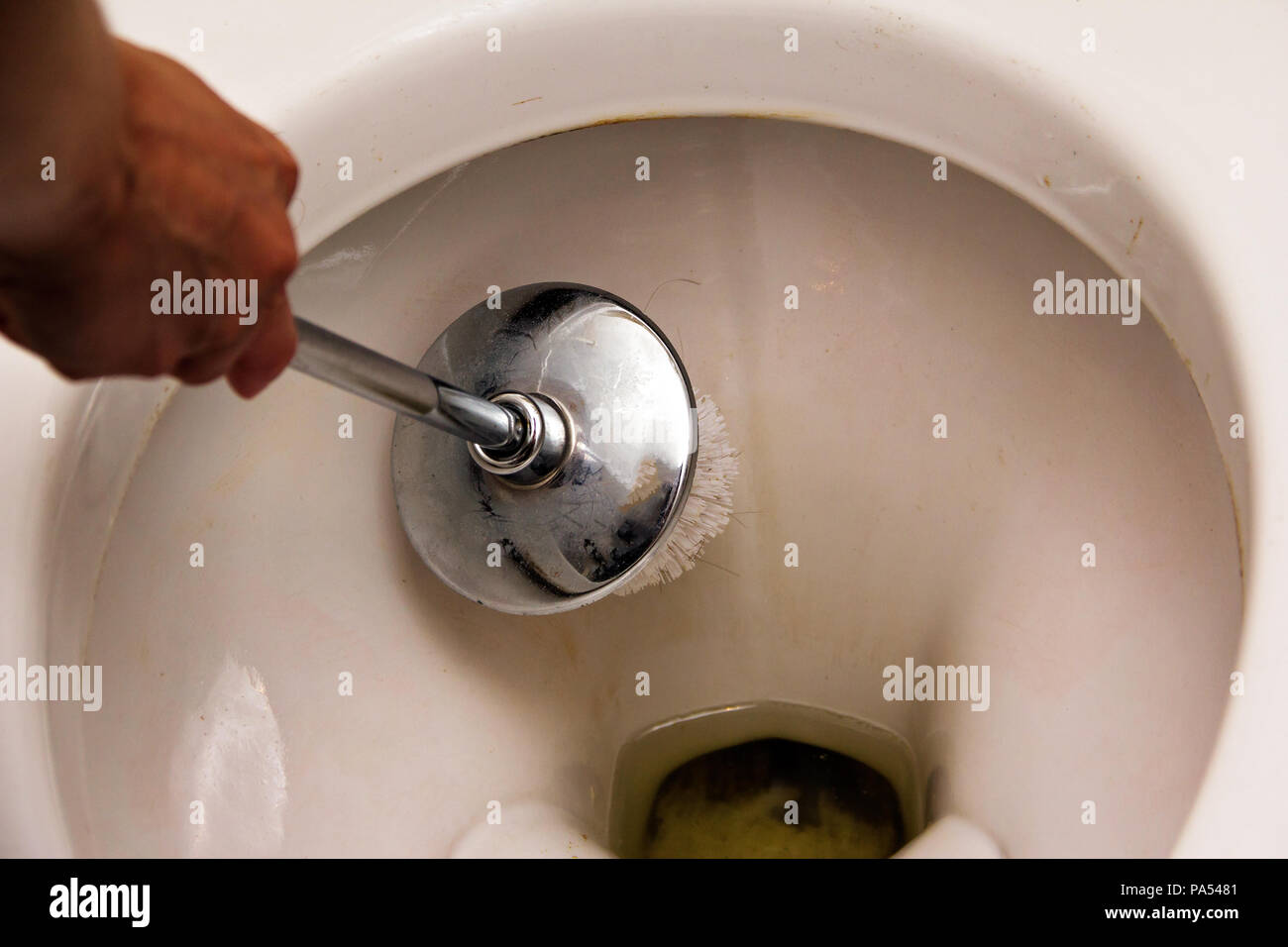 Eine Frau ist die Reinigung der verschmutzten Toilette mit WC-Bürste. Stockfoto