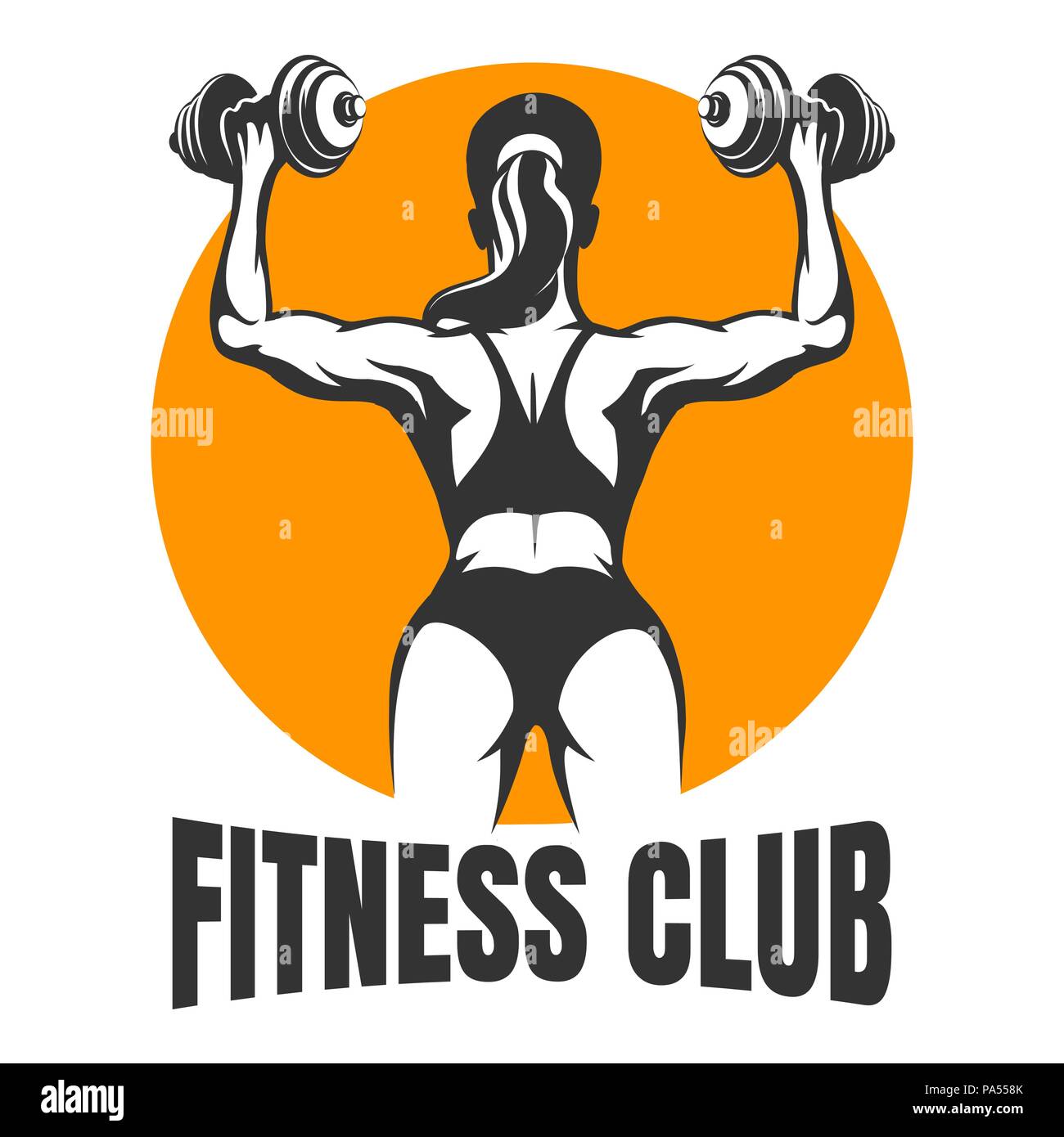 Fitness Club Emblem mit Ausbildung Frau. Frau hält Kurzhanteln auf weißem Hintergrund. Vector Illustration. Stock Vektor