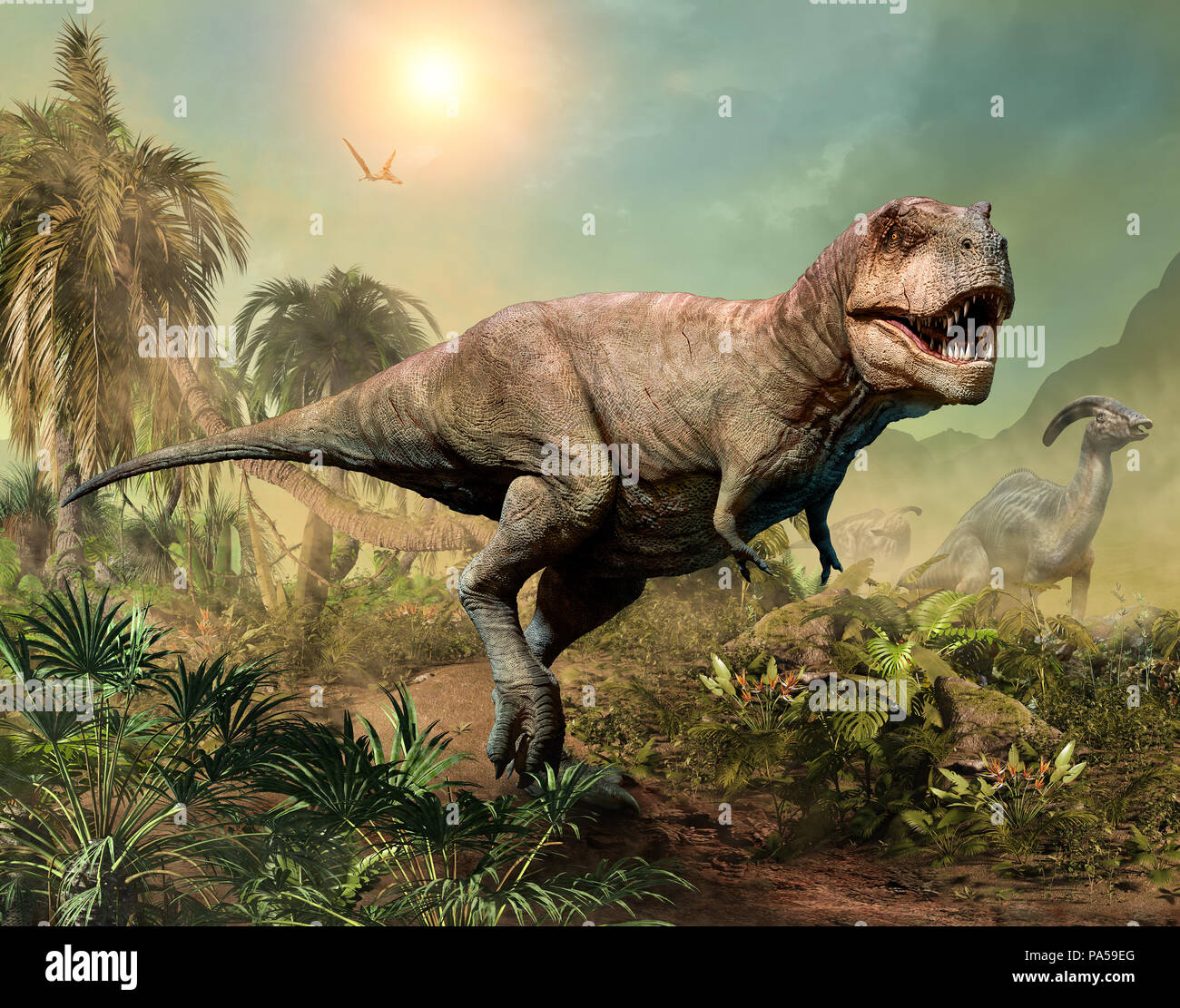 Tyrannosaurus rex Szene 3D-Darstellung Stockfoto