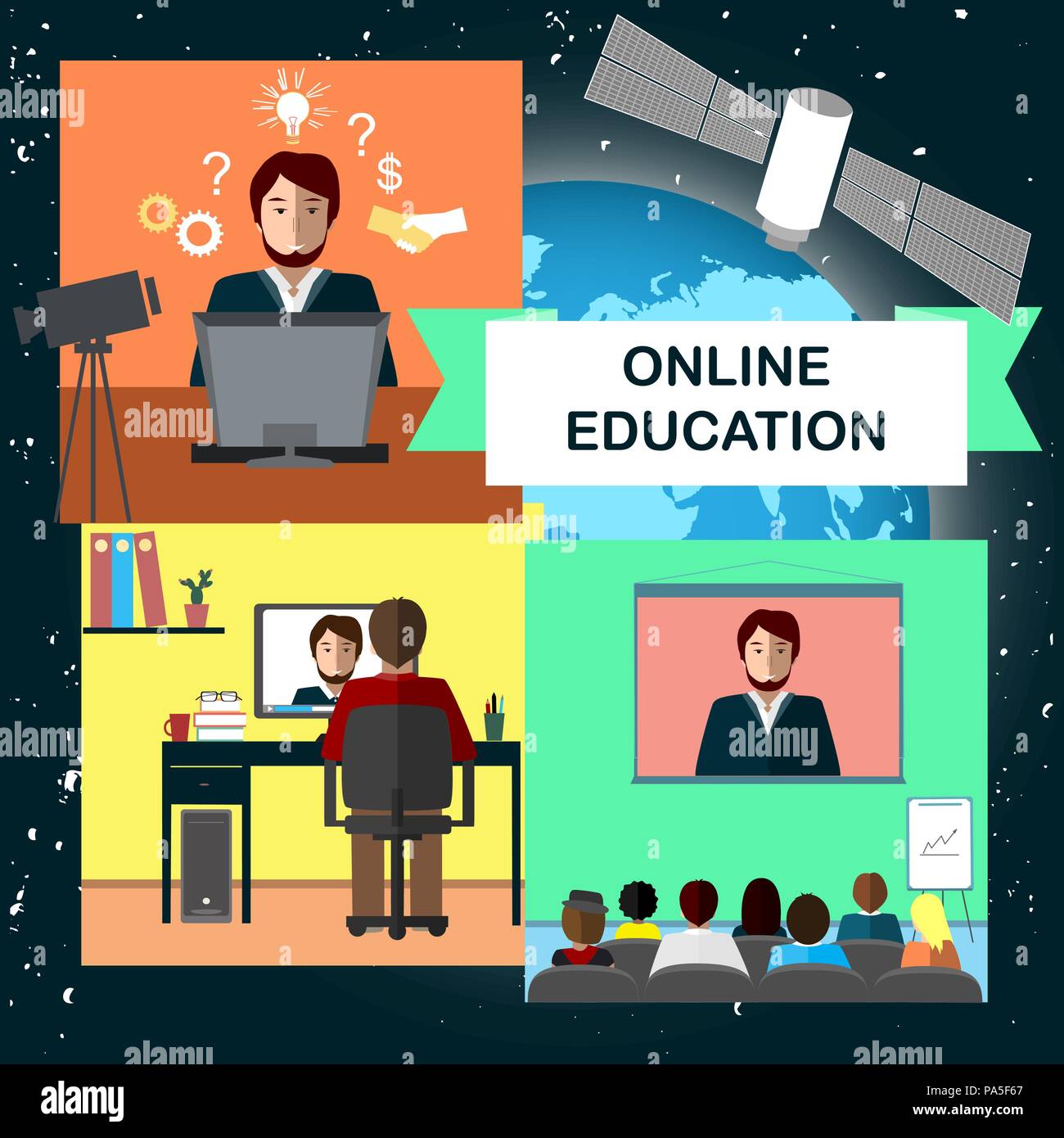 Online Bildung Konzept mit Internet Konferenz- und Satelliten im Kosmos. Vector Abbildung Stock Vektor