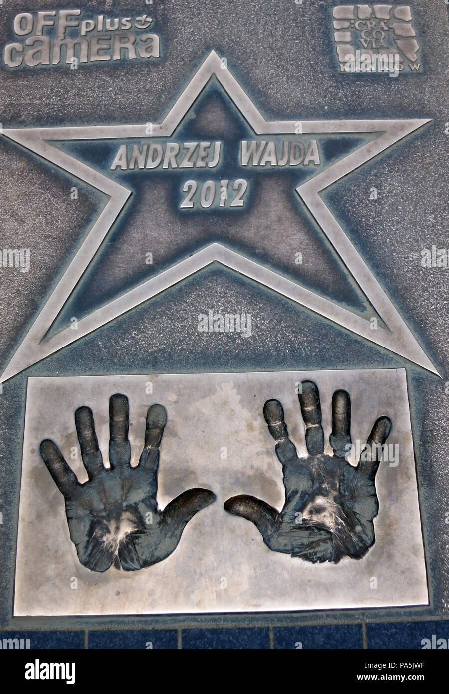 Handabdrücke von Andrej Wajda, Walk of Fame, Krakau, Polen Stockfoto