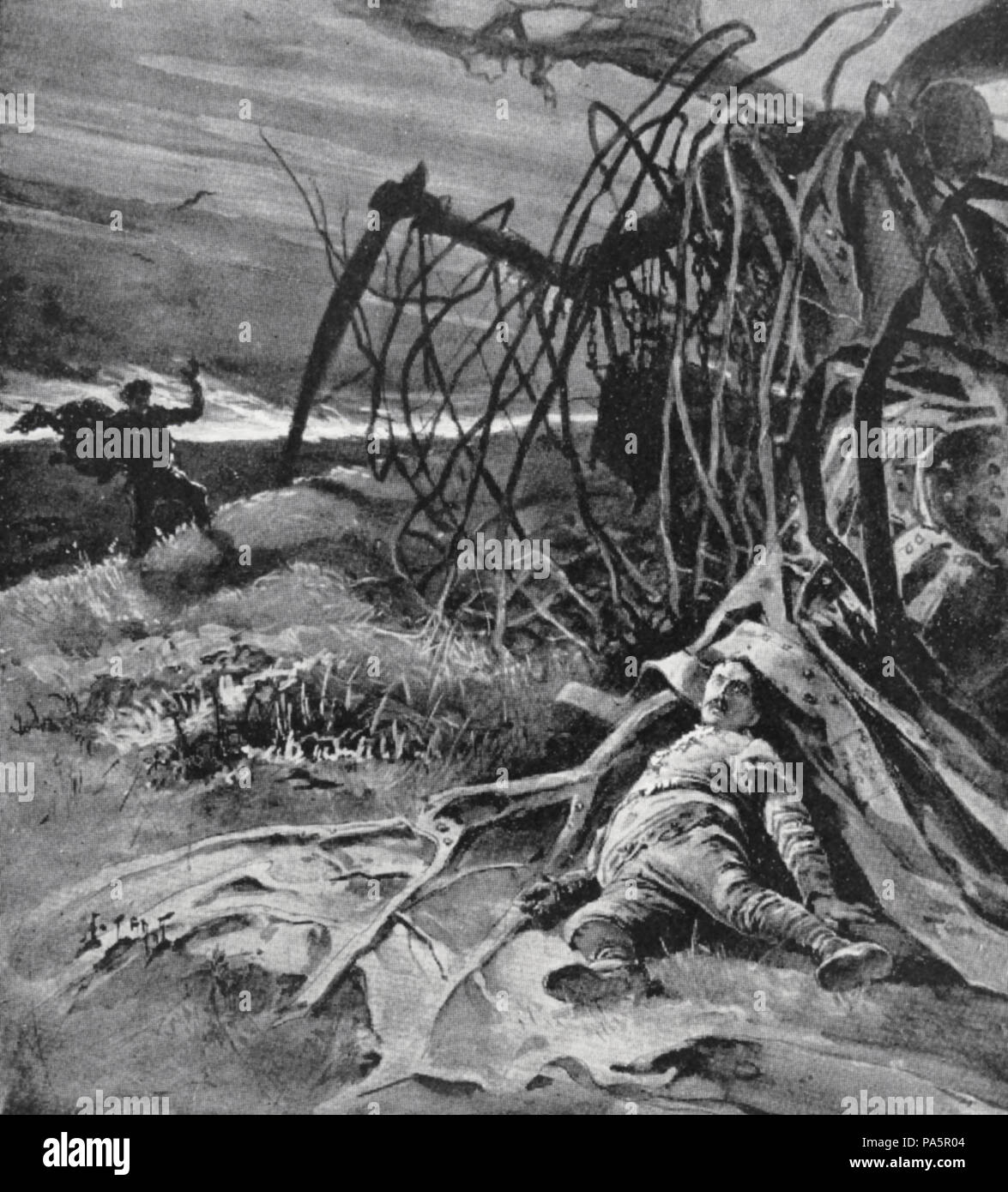 Frontispiz: "Die Zerstörung der aeropile." Kunst von H. Lanos für 'Wenn der Schläfer erwacht" von H.G.Wells (1899) 7 "Wenn der Schläfer erwacht" von Henri Lanos 16. Stockfoto