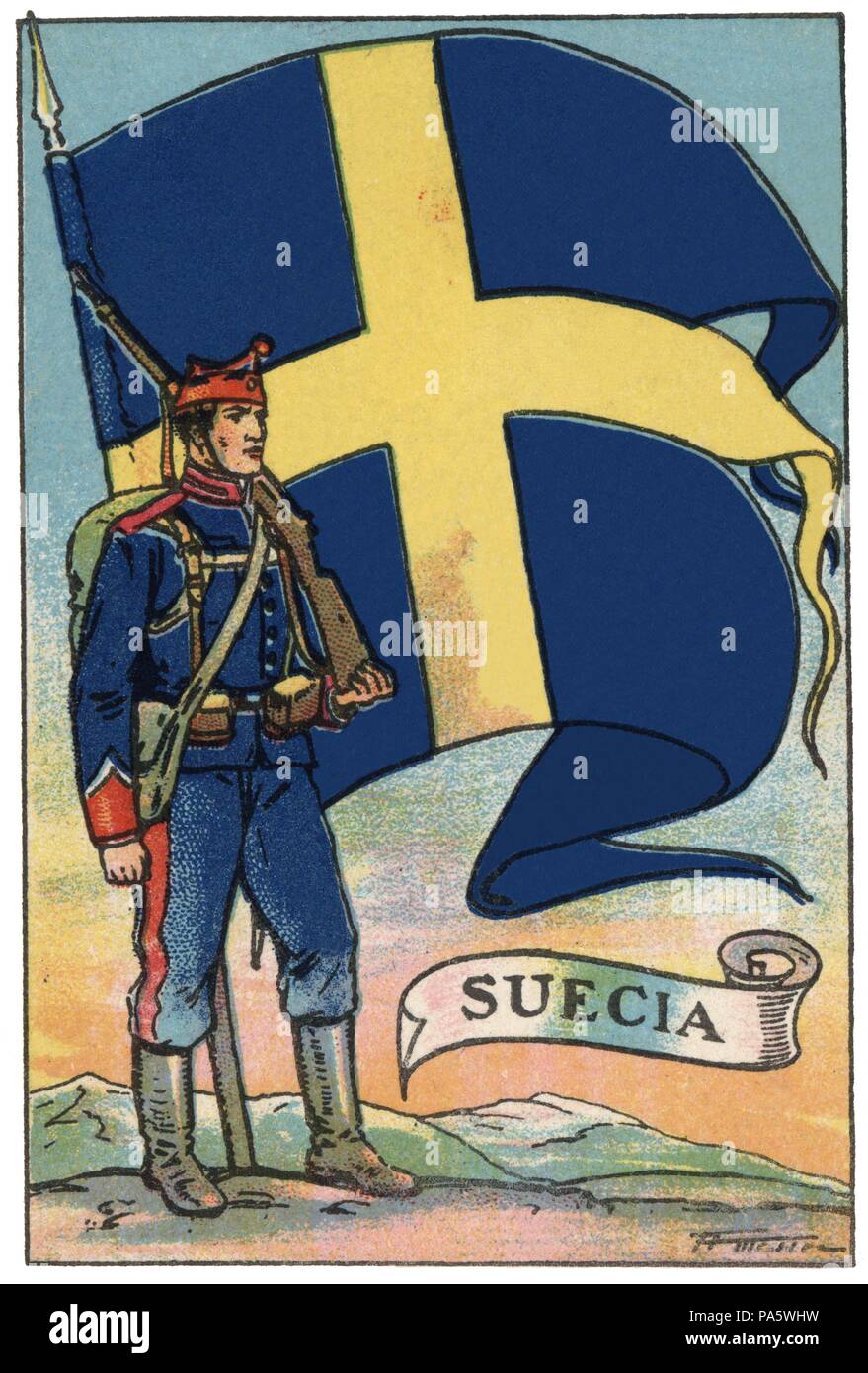 Bandera de Suecia y Soldado de infantería. Colección de cromos Banderas del Universo. Años 1920. Stockfoto