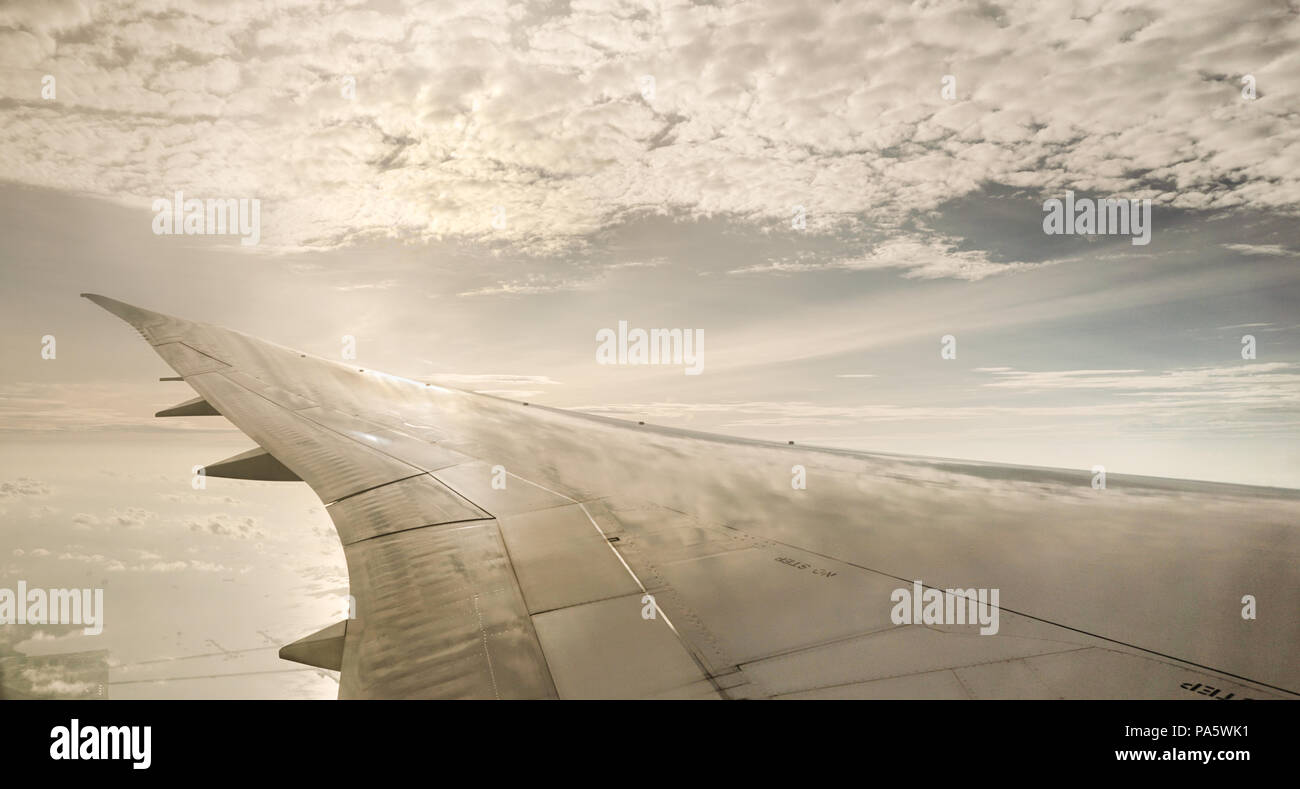 Verkehrsflugzeuge Flügel zeigt im blauen Himmel wecken ein wunderbares Gefühl von Raum und Tiefe. Eine fantastische Sicht auf den Himmel beim Schauen durch windo Stockfoto