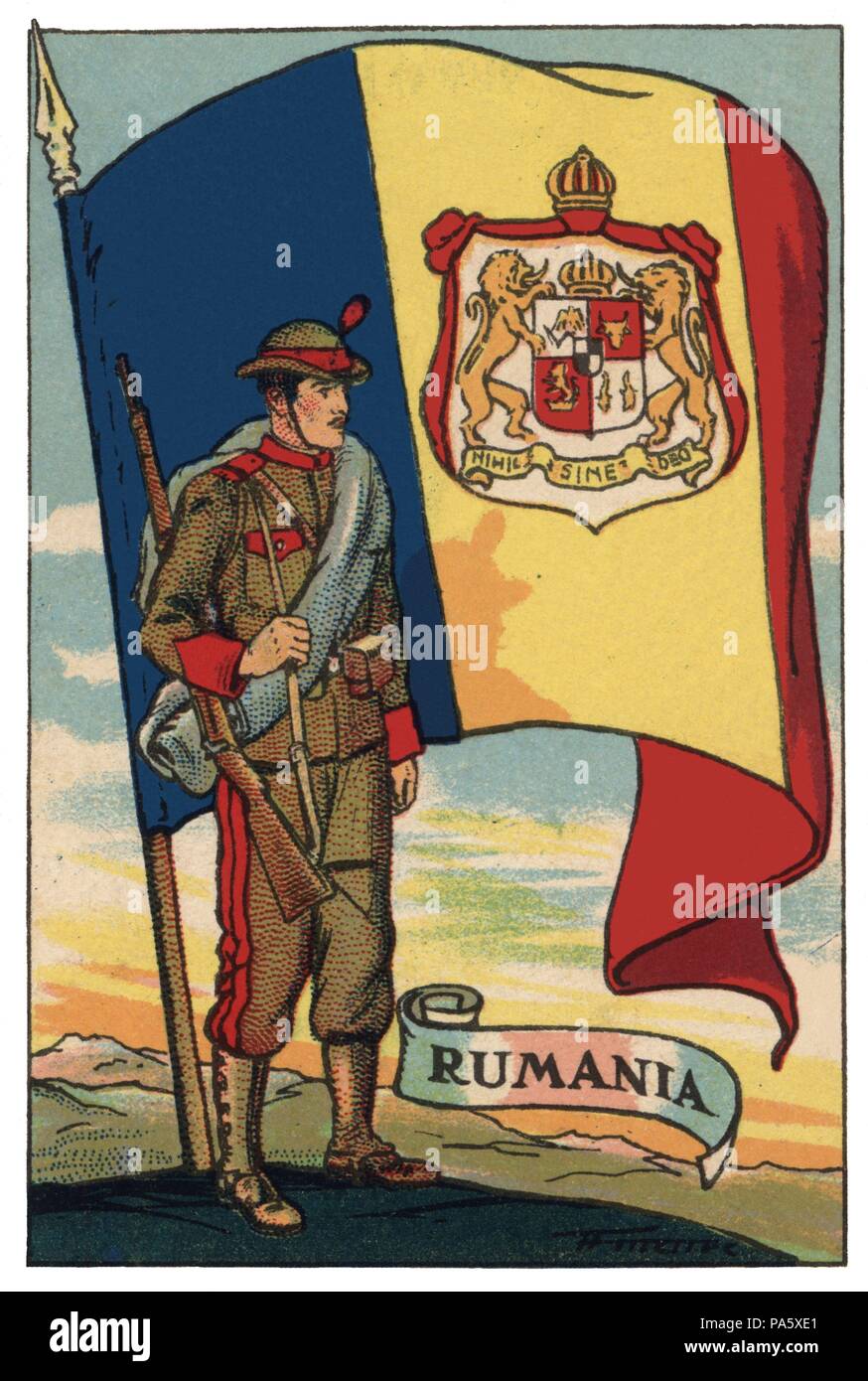 Bandera de Rumanía y Soldado de infantería. Colección de cromos Banderas del Universo. Años 1920. Stockfoto