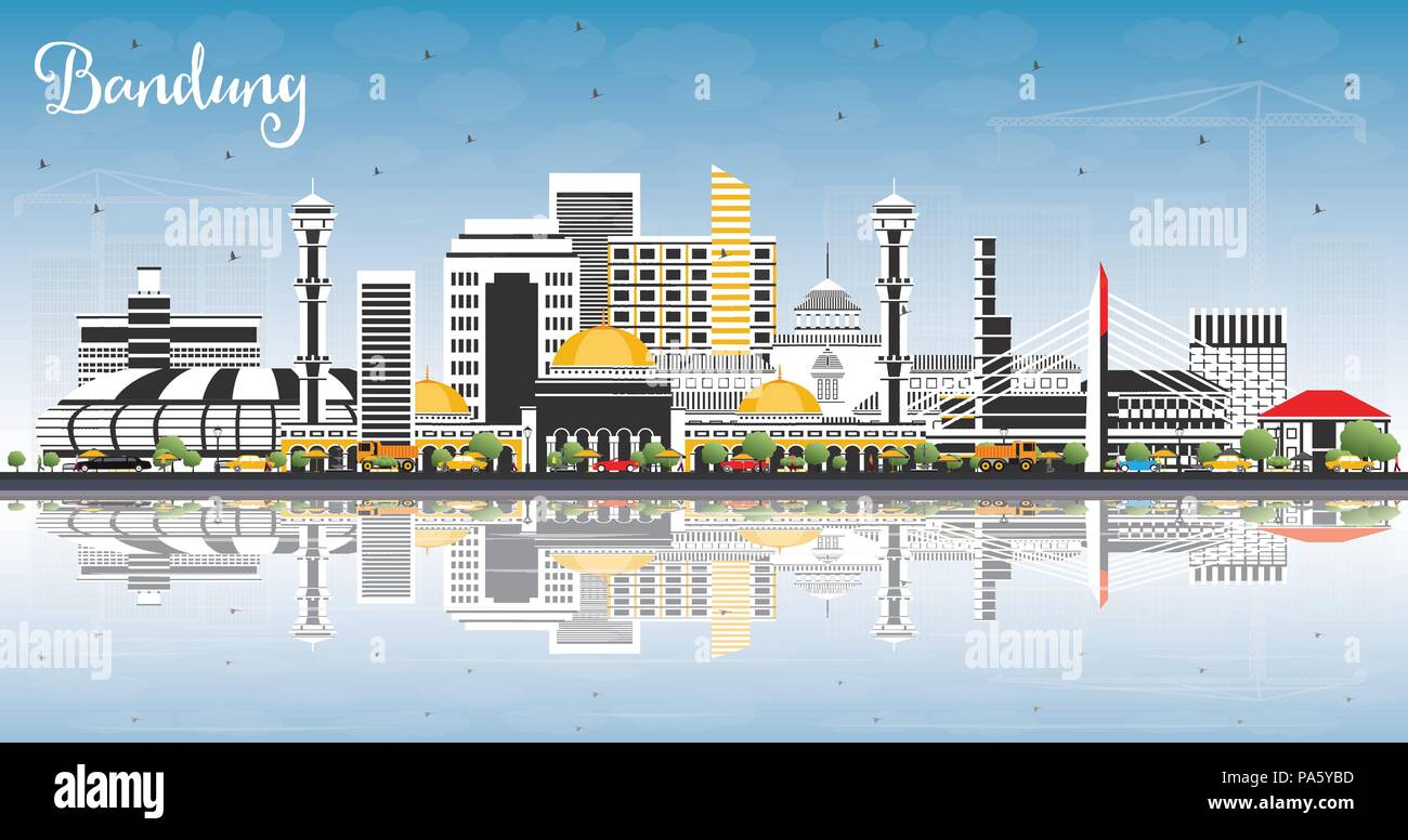 Bandung Indonesien Skyline der Stadt mit grauen Gebäude, blauer Himmel und Reflexionen. Vector Illustration. Business Travel und Tourismus Konzept Stock Vektor