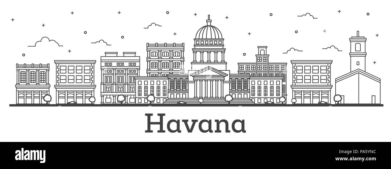 Umrisse Havanna Kuba Skyline der Stadt mit historischen Gebäuden isoliert auf Weiss. Vector Illustration. Havanna Stadtbild mit Sehenswürdigkeiten. Stock Vektor