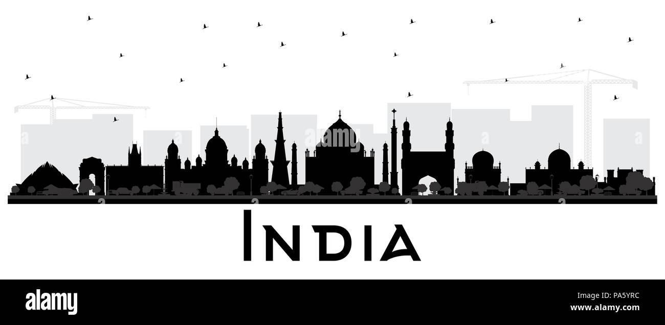 Indien Skyline der Stadt Silhouette mit schwarzen Gebäude isoliert auf Weiss. Delhi. Hyderabad. Kolkata. Vector Illustration. Stock Vektor