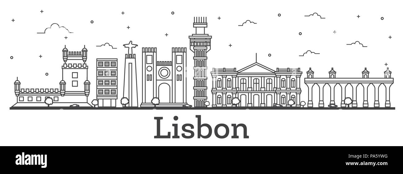 Übersicht Lissabon Portugal Skyline der Stadt mit historischen Gebäuden isoliert auf Weiss. Vector Illustration. Lissabon Stadtbild mit Sehenswürdigkeiten. Stock Vektor