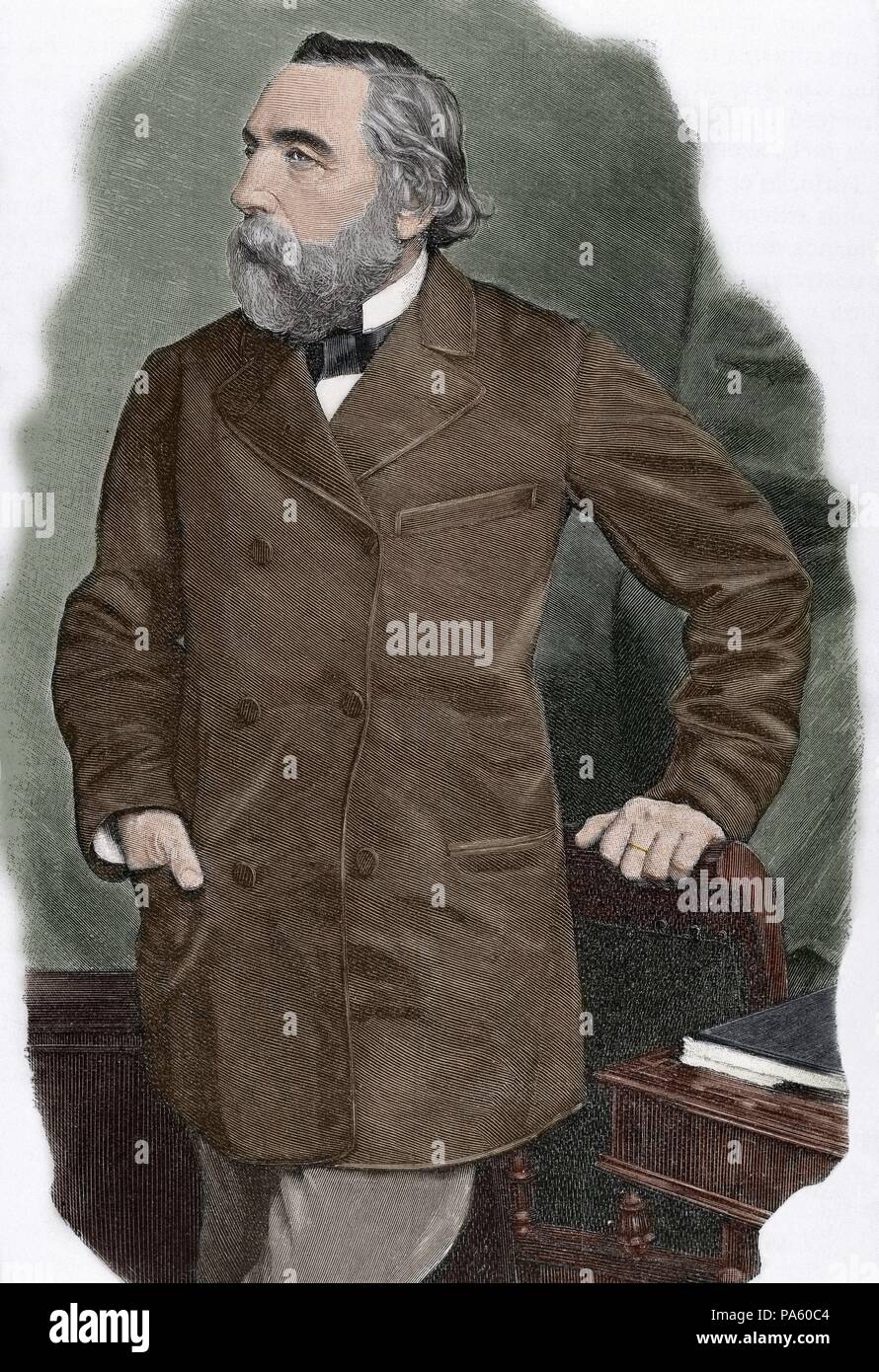 Ion Ghica (1816-1897). Rumänischen Revolutionäre, Mathematiker, Diplomat und Politiker. Er war Premierminister von Rumänien fünf Mal. Porträt. Gravur. Gefärbt. Stockfoto
