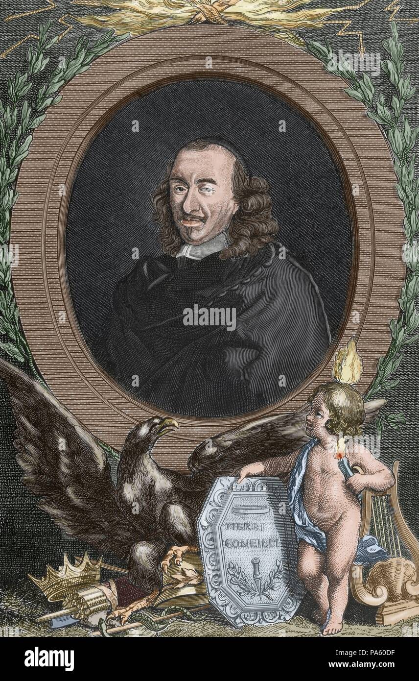Pierre Corneille (1606-1684). Der französische Dramatiker. Porträt. Kupferstich von Drosser. Gefärbt. Stockfoto