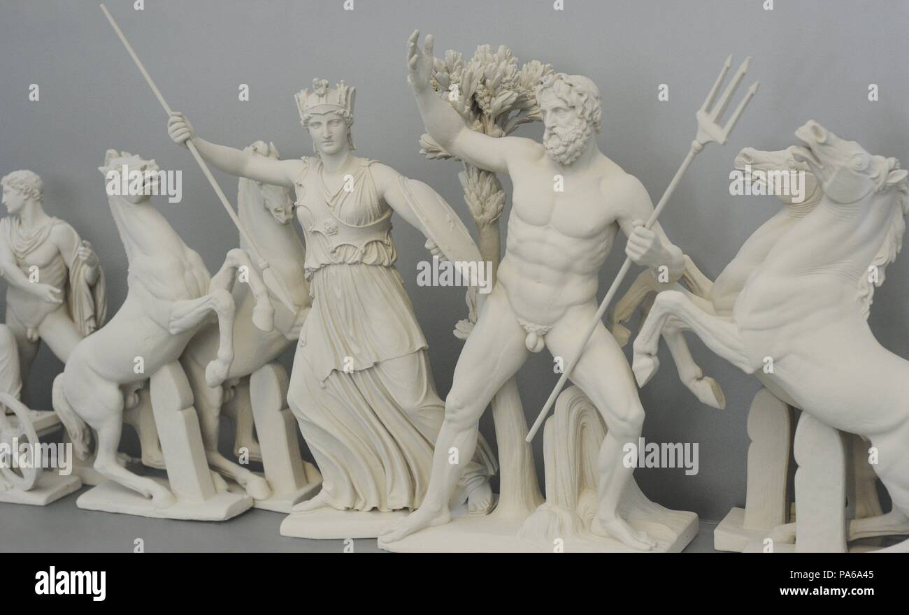 Wiederaufbau der Westgiebel des Parthenon, Akropolis von Athen. Nach der Zeichnung von K. Schwerzek, 1904. Streit zwischen Athena und Poseidon für Athen und Attika. 5. Jahrhundert v. Chr.. Akropolis Museum. Athen. Griechenland. Stockfoto