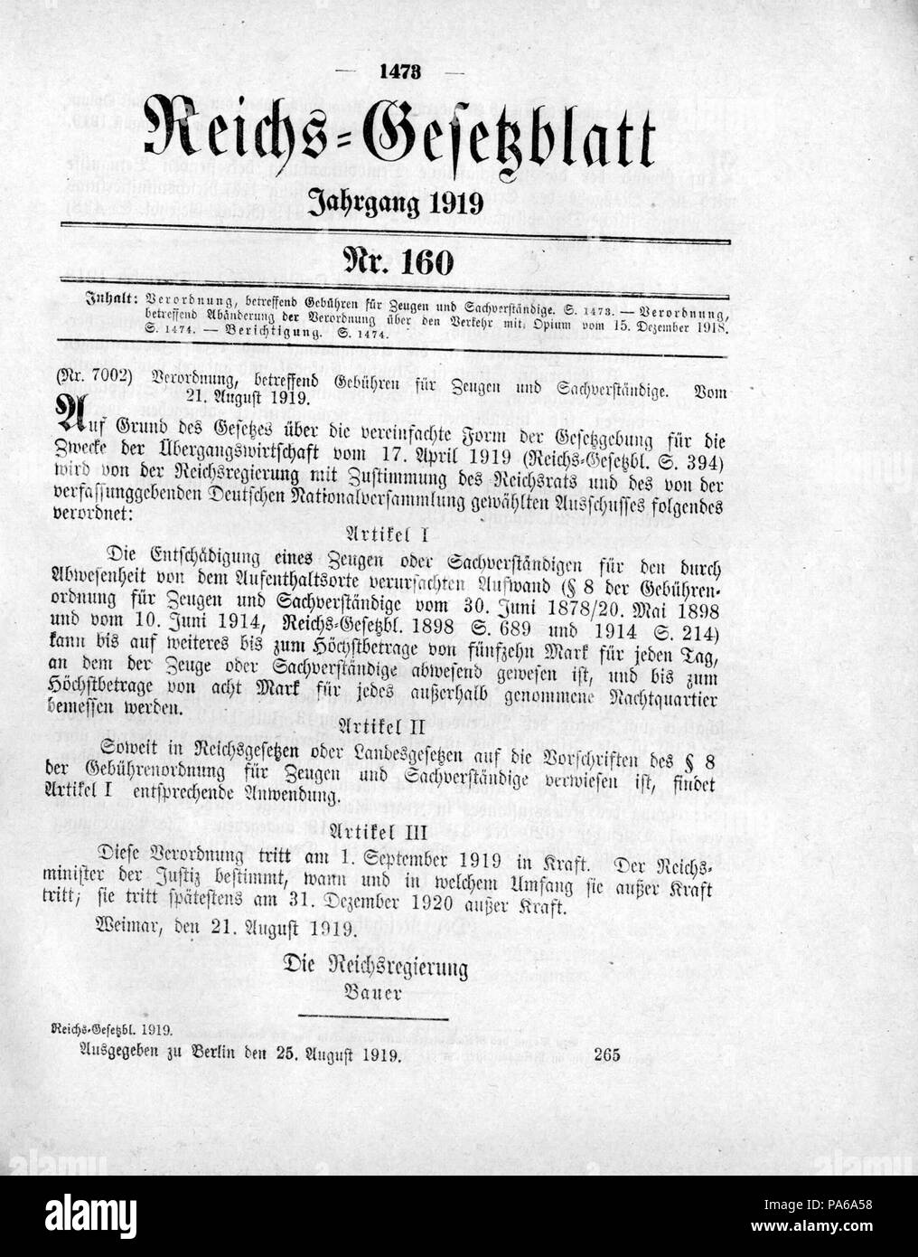 493 Deutsches Reichsgesetzblatt 1919 160 1473 Stockfoto