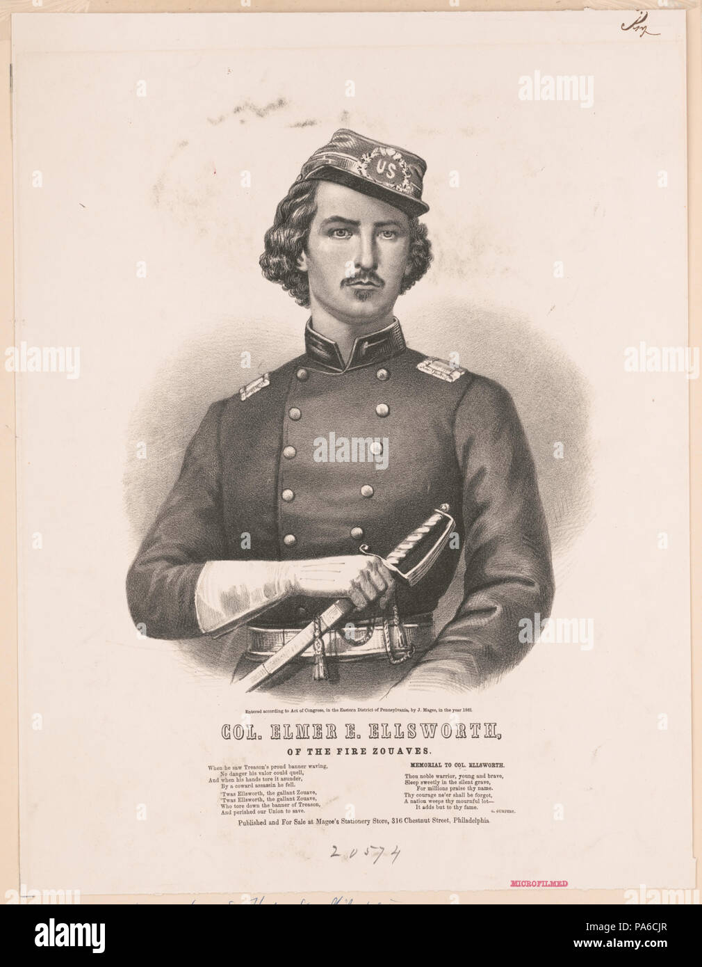 333 Col. Elmer E. Ellsworth, des Feuers Zouaven. (Gefolgt von) Denkmal für Col. Ellsworth (Vers von G. Gumpert) LCCN 2003671565 Stockfoto