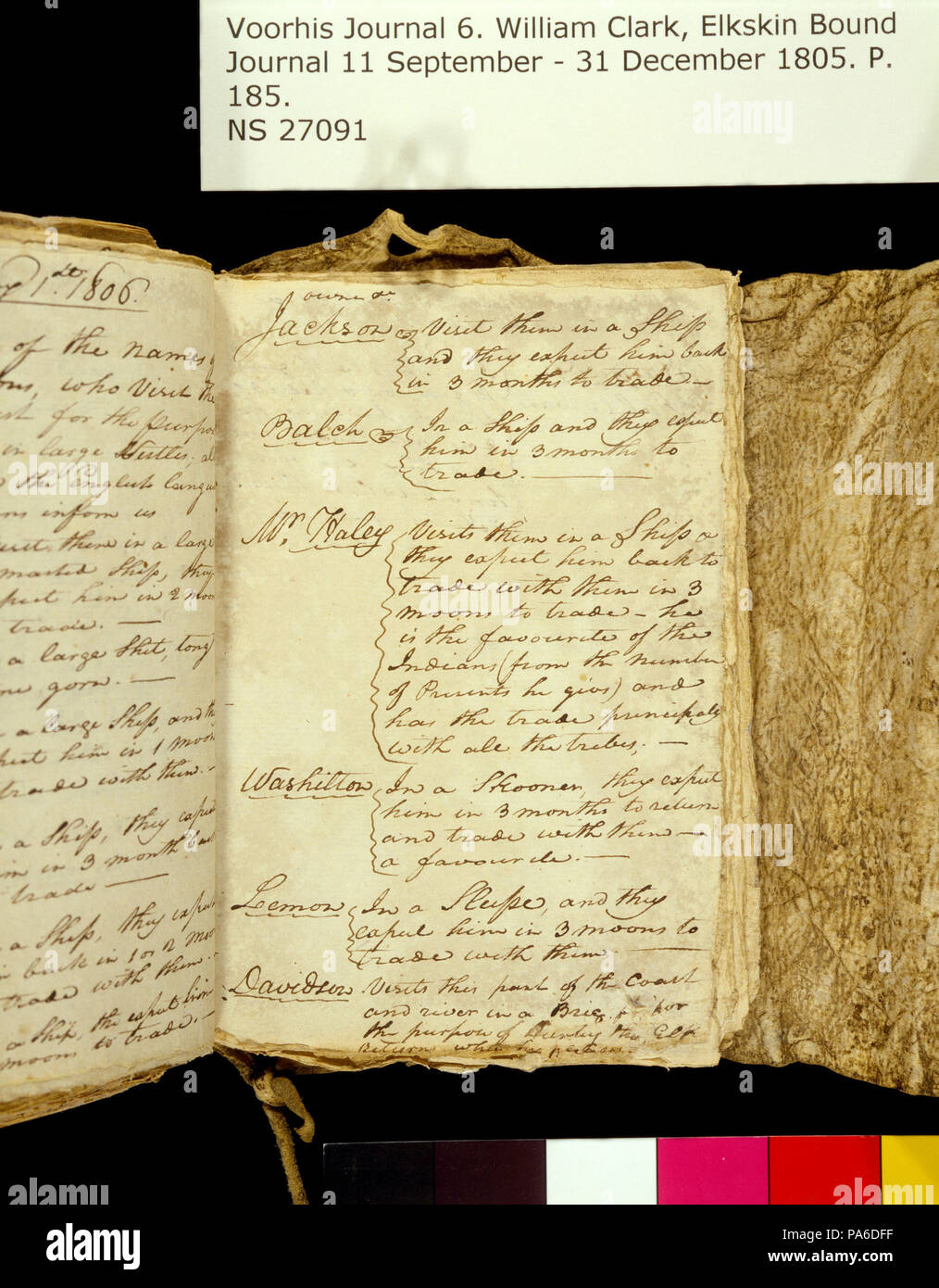 321 Clark Familie Sammlung - Band 6. Elkskin Journal, Seite 185, kein Datum Stockfoto