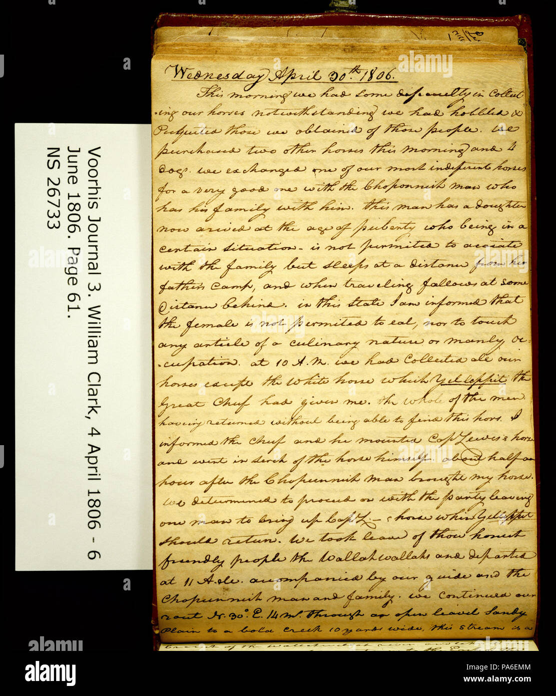 320 Clark Familie Sammlung - Band 3. Voorhis Journal Nr. 3, Seite 61, 30. April 1806 Stockfoto