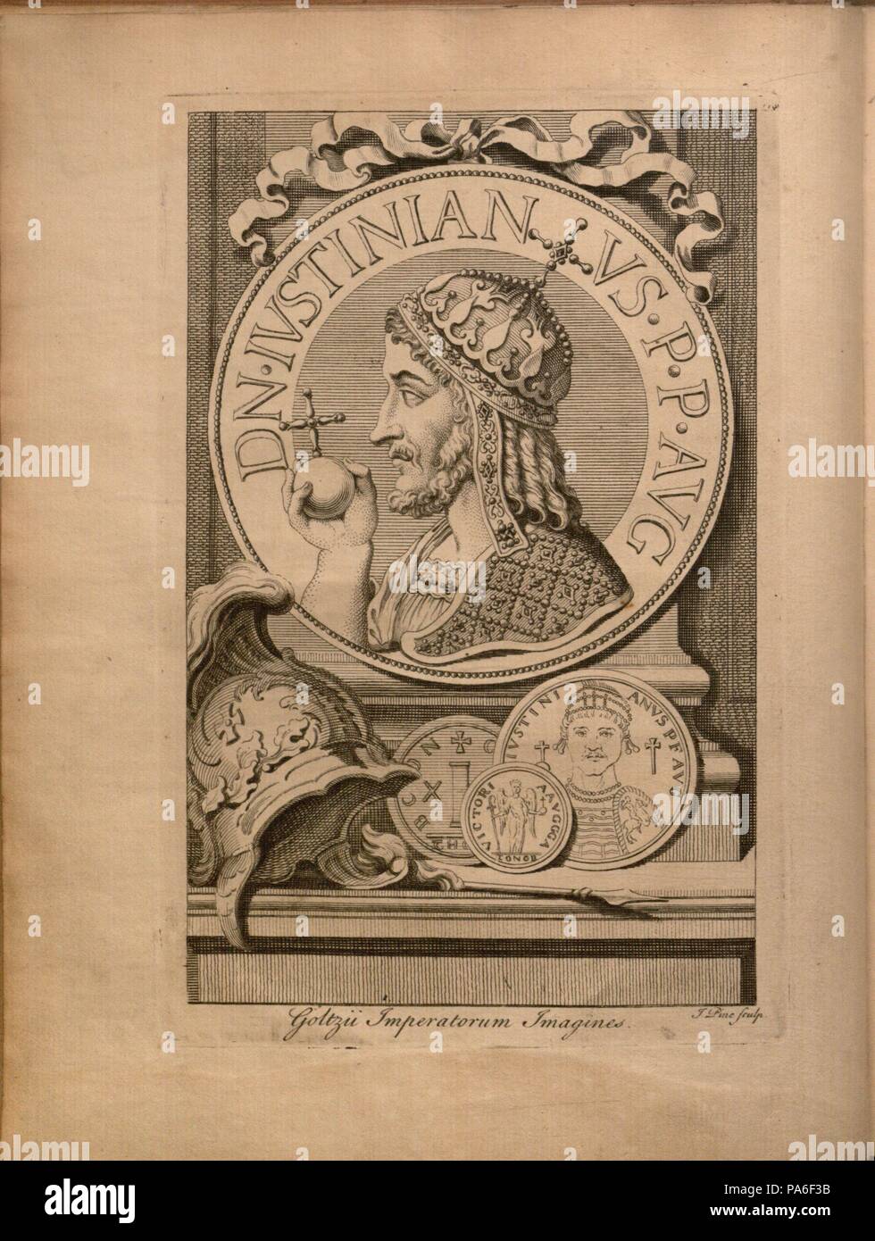 Kaiser Justinian I. Von: Jurisprudentia Philologica, Sive Elementa Juris Civilis. Museum: private Sammlung. Stockfoto