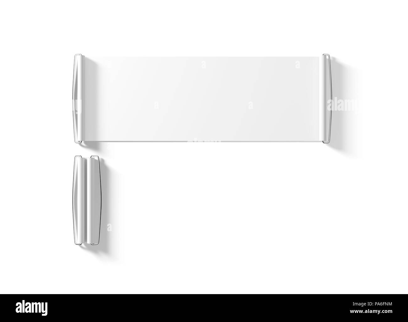 Leere weiße Hand banner Mockup, isoliert, 3-d-rendernig. Klar geschlossen und geöffnet ausfahrbaren Überrollbügel bis Mock up. Plain Werbemittel Blättern des Klappdachs Stockfoto