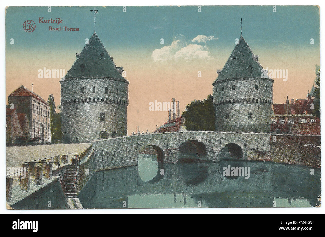 . Nederlands: De Broeltorens op een Oude briefkaart. vor WW I 247 Briefkaart Broeltorens Kortrijk Stockfoto