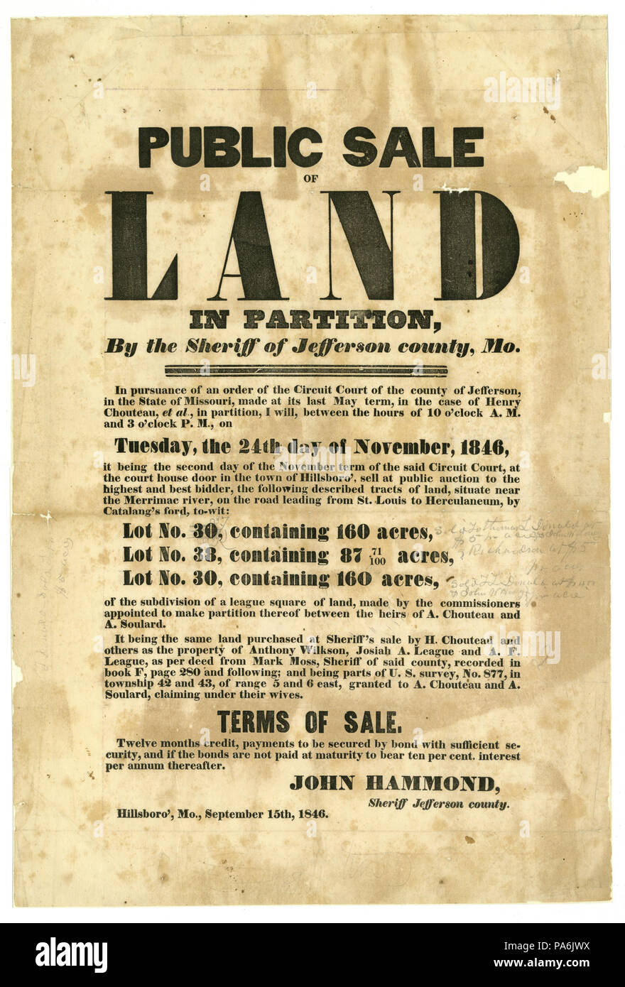 133 Announcement-John Hammond, Sheriff von Jefferson County, Verkauf von Land in Trennwand zwischen Erben von A. und A. Soulard Chouteau, 24. November 1846 durchzuführen Stockfoto