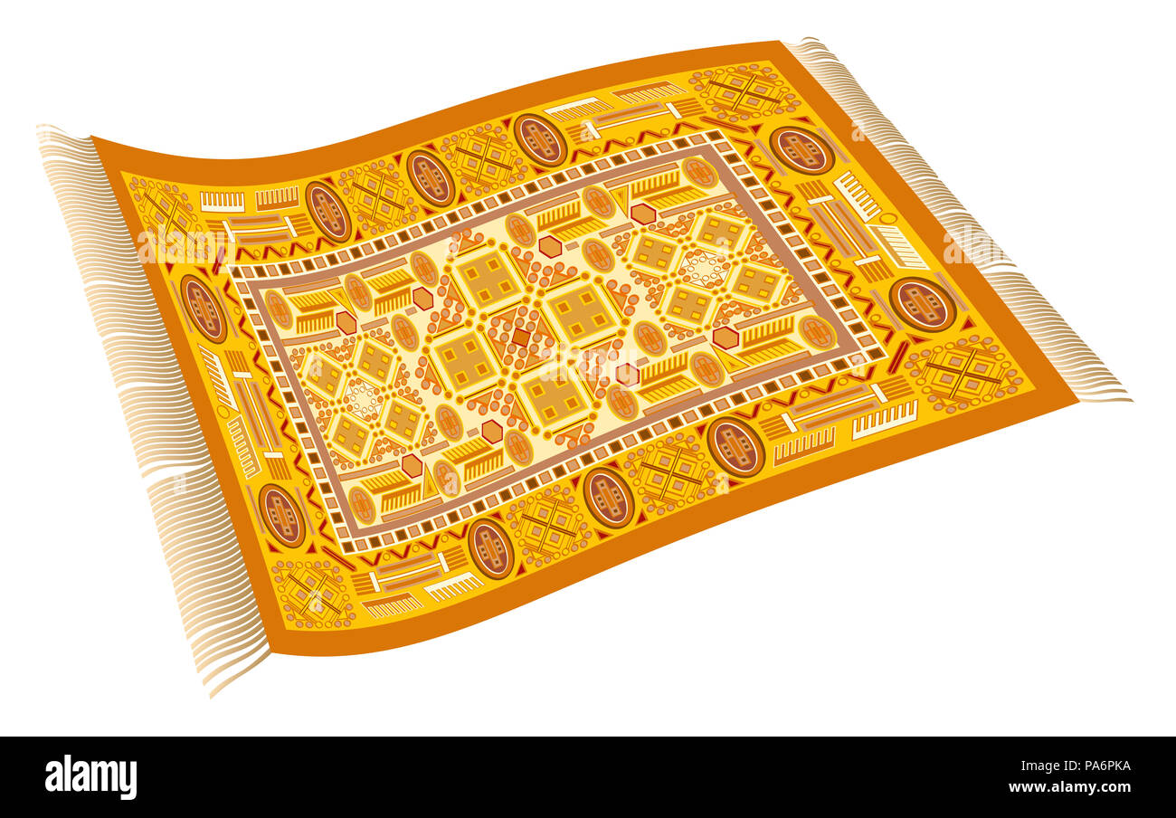 Magic Carpet. Fliegender Teppich mit orange, gelb und rot Muster - Abbildung auf weißen Hintergrund. Stockfoto