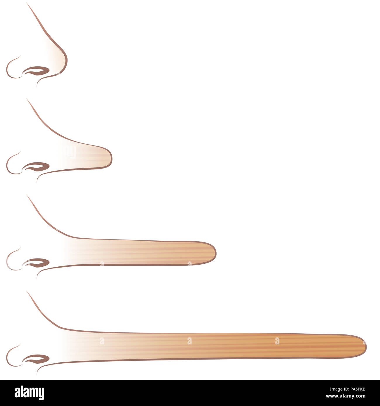 Lange wachsende Nase durch Lügen, wie Pinocchios Nase Holz verursacht. Verschiedene Längen, vier Schritte. Stockfoto