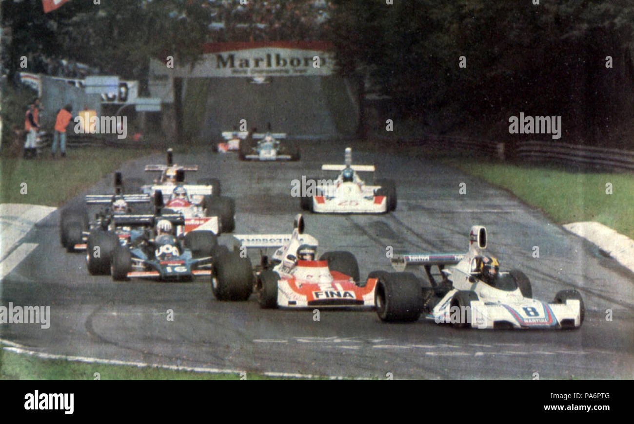 7 1975 GP Italien - eine Gruppe an der Mirabello Schikane Stockfoto