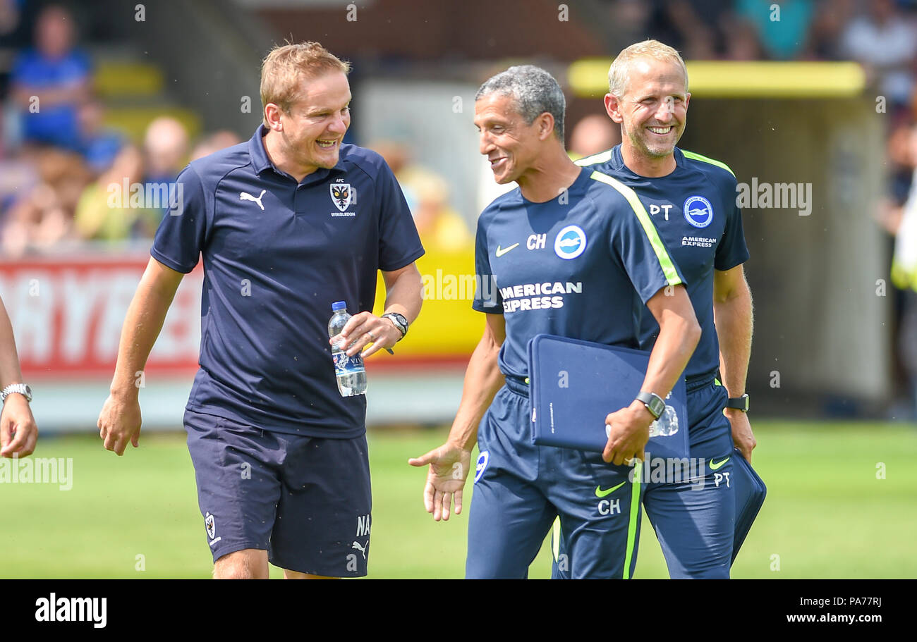 Kingston London, Großbritannien, 21. Juli 2018 - Neal Ardley, Manager von AFC Wimbledon (links), teilt einen Witz mit Brighton-Manager Chris Hughton während des vor der Saison freundlichen Fußballspiels zwischen AFC Wimbledon und Brighton und Hove Albion im Cherry Red Records Stadium in Kingston Surrey, aufgenommen von Simon Dack Quelle: Simon Dack/Alamy Live News - Nur Zur Redaktionellen Verwendung Stockfoto