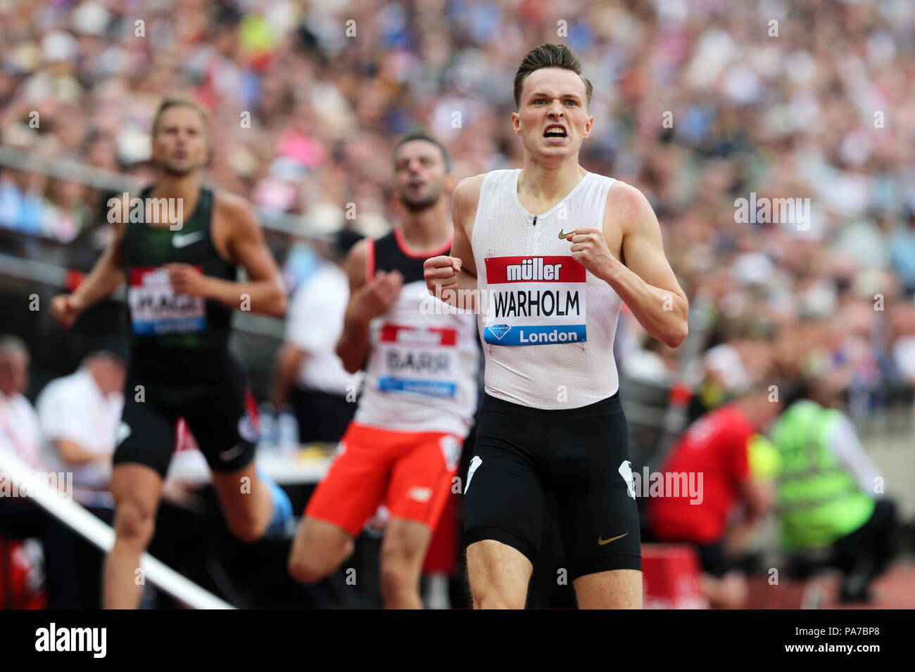 London, Großbritannien. 18. Juli 21. Karsten WARHOLM (Norwegen) Einstellung einer Norwegischen Datensatz in der Männer 400m Hürden Finale am 2018, IAAF Diamond League, Jubiläum Spiele, Queen Elizabeth Olympic Park, Stratford, London, UK. Foto: Simon Balson/Alamy leben Nachrichten Stockfoto