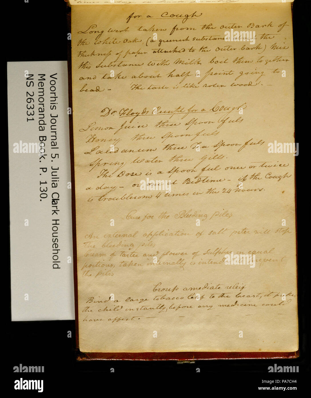 320 Clark Familie Sammlung - Band 5. Voorhis Journal Nr. 5, Haushalt Memorandum Buch von Julia Clark, Seite 130, Ca. 1820 Stockfoto