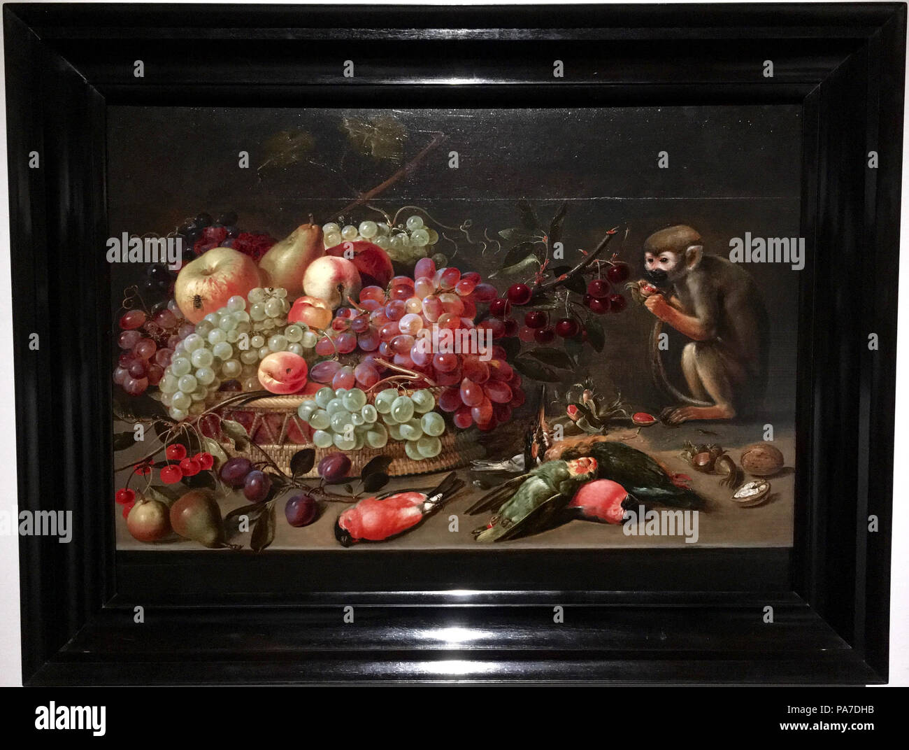 317 Clara Peeters - Stilleven Obst in een mand Met, dode Vogels en een aap-privécollectie Antwerpen Stockfoto