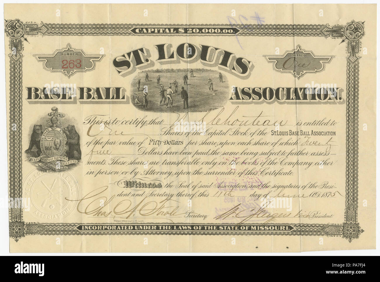 294 Zertifikat von K.A. Chouteau für eine Aktie im Wert von $ 50 im St. Louis Base Ball Association, 11. Juni 1875 Stockfoto
