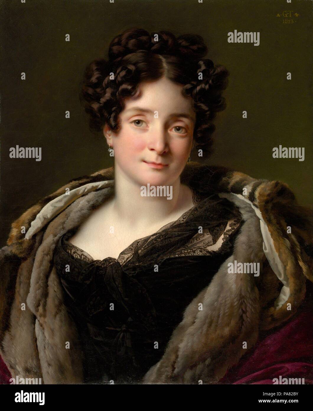 Madame Jacques-Louis-Étienne Reizet (Colette-Désirée - Thérèse Godefroy, 1782-1850). Artist: Anne Louis Girodet-Trioson (Französisch, Montargis 1767-1824 Paris). Abmessungen: 23 3/4 x 19 1/2 in. (60,3 x 49,5 cm). Datum: 1823. Diese Arbeit, einer von Girodet des Letzten, verrät die minutiöse Technik Merkmal des Neoklassizismus seines Lehrers, Jacques-Louis David, sowie die perfektionierte Formen der Florentiner Renaissance. Briefwechsel zwischen Girodet und der Sitter zeigen, dass sie sich kannten, und dass jedes Detail der Portrait wurde vorher gearbeitet. Madame Reizet Mann w Stockfoto