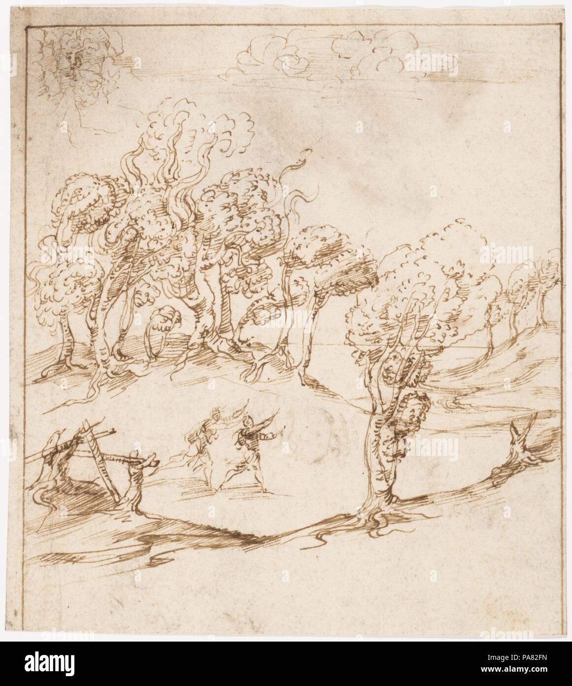 Recto: Landschaft mit Bäumen und Figuren (? Bemerkungen über die Winde und das Lay-out der Stadt; Vitruvius, Buch 1, Kapitel 6, Nr. 2, 3): Verso: leer. Artist: an ein Mitglied der Familie Sangallo zugeschrieben (Florenz, Ca. 1530-1545). Thema: Original Abhandlung geschrieben von Marcus Vitruvius Pollio (Roman, aktive spät 1. Jahrhundert v. Chr.). Maße: Blatt: 6 5/16 x 5 1/2 in. (16 x 14 cm). Datum: 1530-45. Museum: Metropolitan Museum of Art, New York, USA. Stockfoto