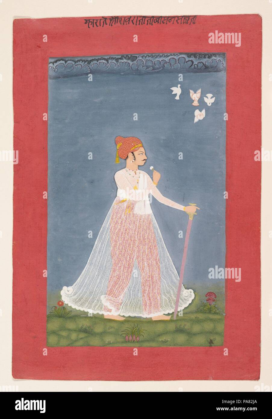 Bishen Singh als junger Mann. Kultur: Indien (rajasthan, Uniara). Abmessungen: 10 1/2 x 6 5/16 in. (26,7 x 16,0 cm). Datum: Ca. 1780. Dieser Prinz ist formal im Profil, eine Blume und ein Schwert dargestellt. Er steht vor einem blauen Himmel in ein buntes Feld von Gras und Blumen. Animieren von diesem raffinierten Portrait sind Vögel tummeln und ein Band von bedrohlichen Regenwolken am Horizont. Künstler in dem kleinen Staat von uniara Zunächst zeichnete auf der benachbarten Bundi und Kota Gericht Stilen, aber bis zum Ende des achtzehnten Jahrhunderts, als der Staat politisch verbündet mit Jaipur, t Stockfoto