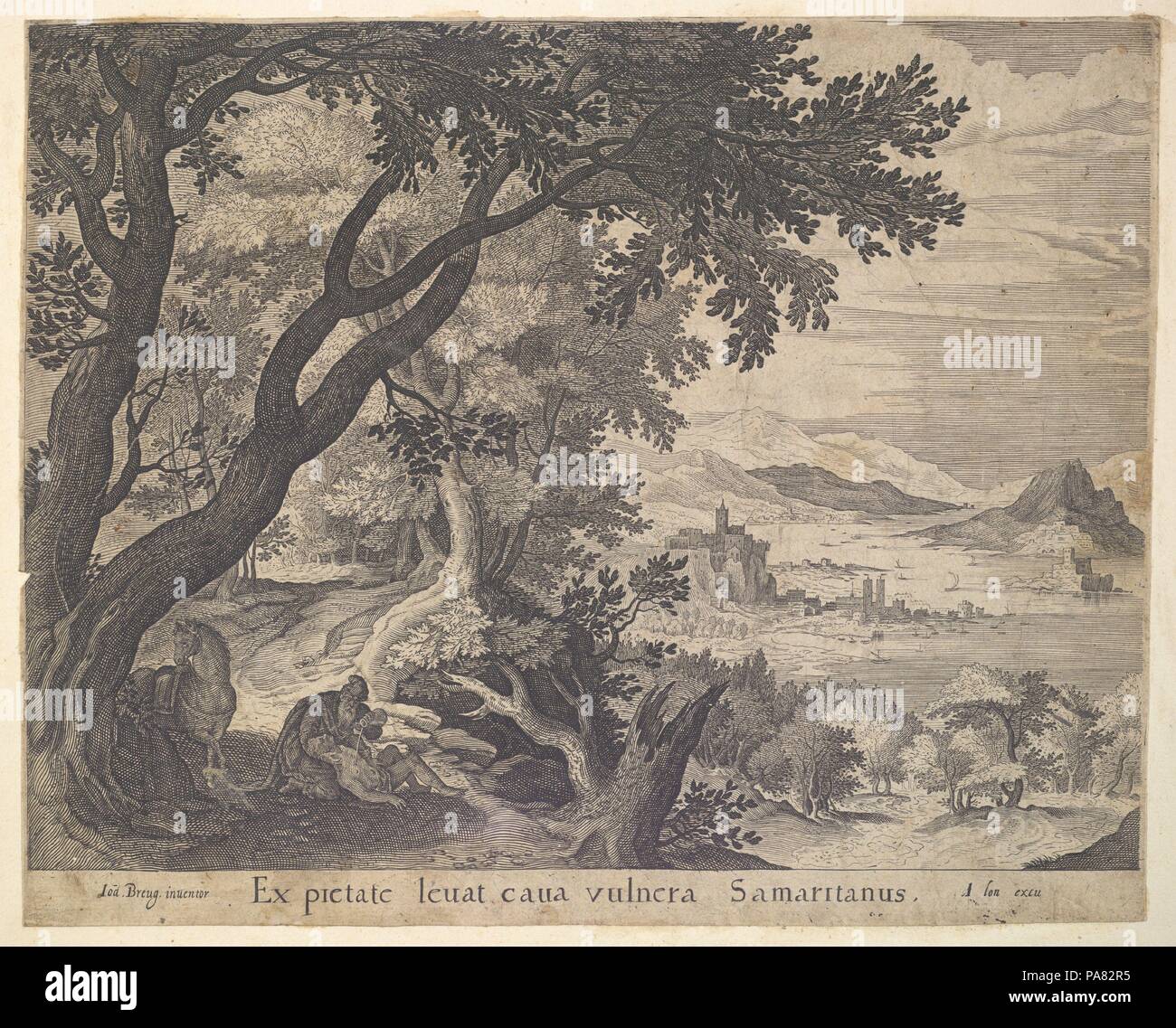 Der gute Samariter findet den Mann. Artist: Nach Jan Brueghel der Ältere (Niederländischen, Brüssel 1568-1625 Antwerpen). Maße: Blatt: 8 7/16 x 10 1/2 in. (21,5 x 26,6 cm). Herausgeber: Assuerus van Londerseel (1572-1635). Datum: n. d.. Museum: Metropolitan Museum of Art, New York, USA. Stockfoto
