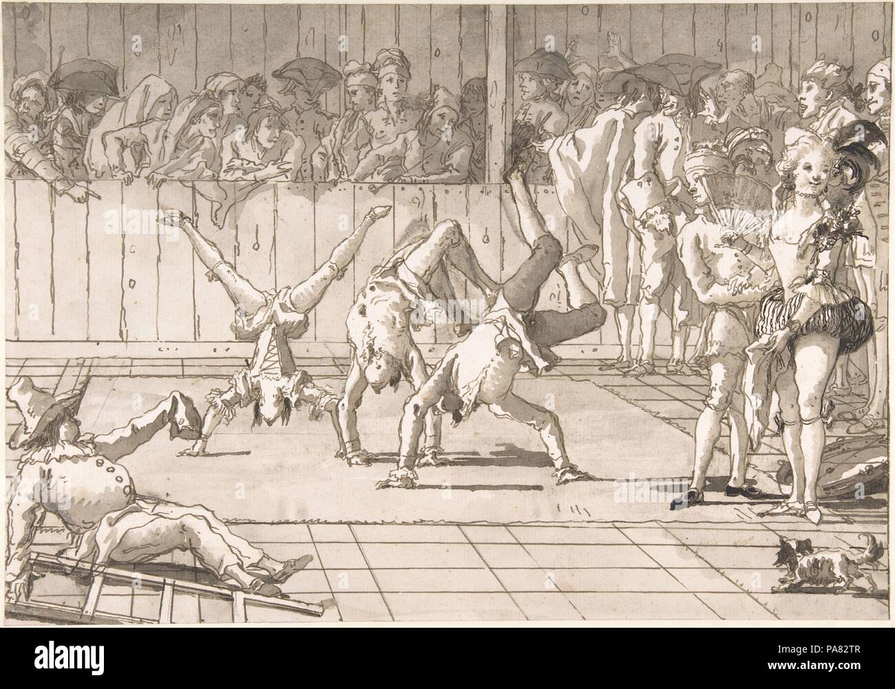Szene des zeitgenössischen Lebens: Die Akrobaten. Artist: Giovanni Domenico Tiepolo (Italienisch, Venedig Venedig 1727-1804). Abmessungen: 11-7/16 x 16-1/4-in. (29 x 41,3 cm). Datum: 1727-1804. Diese lustige Zusammensetzung ist eine von einer großen Gruppe von fertigen unabhängige Zeichnungen, die Szenen des zeitgenössischen Lebens, sind sicherlich Domenico die beachtliche Leistung als Verfasser der Stellungnahme. Diese Szenen sind alle gleich große horizontale Format und das Datum 1791 auf mindestens Zwanzig von ihnen erscheint. Zwei der Met Akrobaten, der Schauspielerin, einen Fächer, und mehrere der Zuschauer hinter die barric Stockfoto
