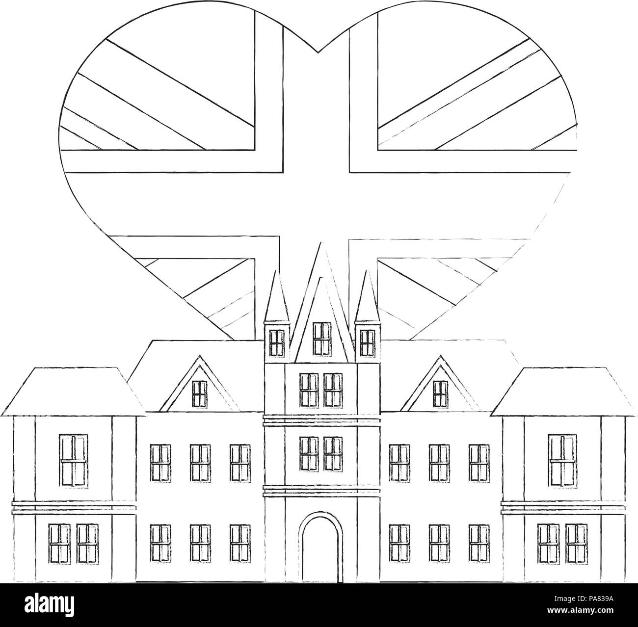 Britische schloss mit Flagge von Grear Großbritannien in Form herzen Vector Illustration Design Stock Vektor