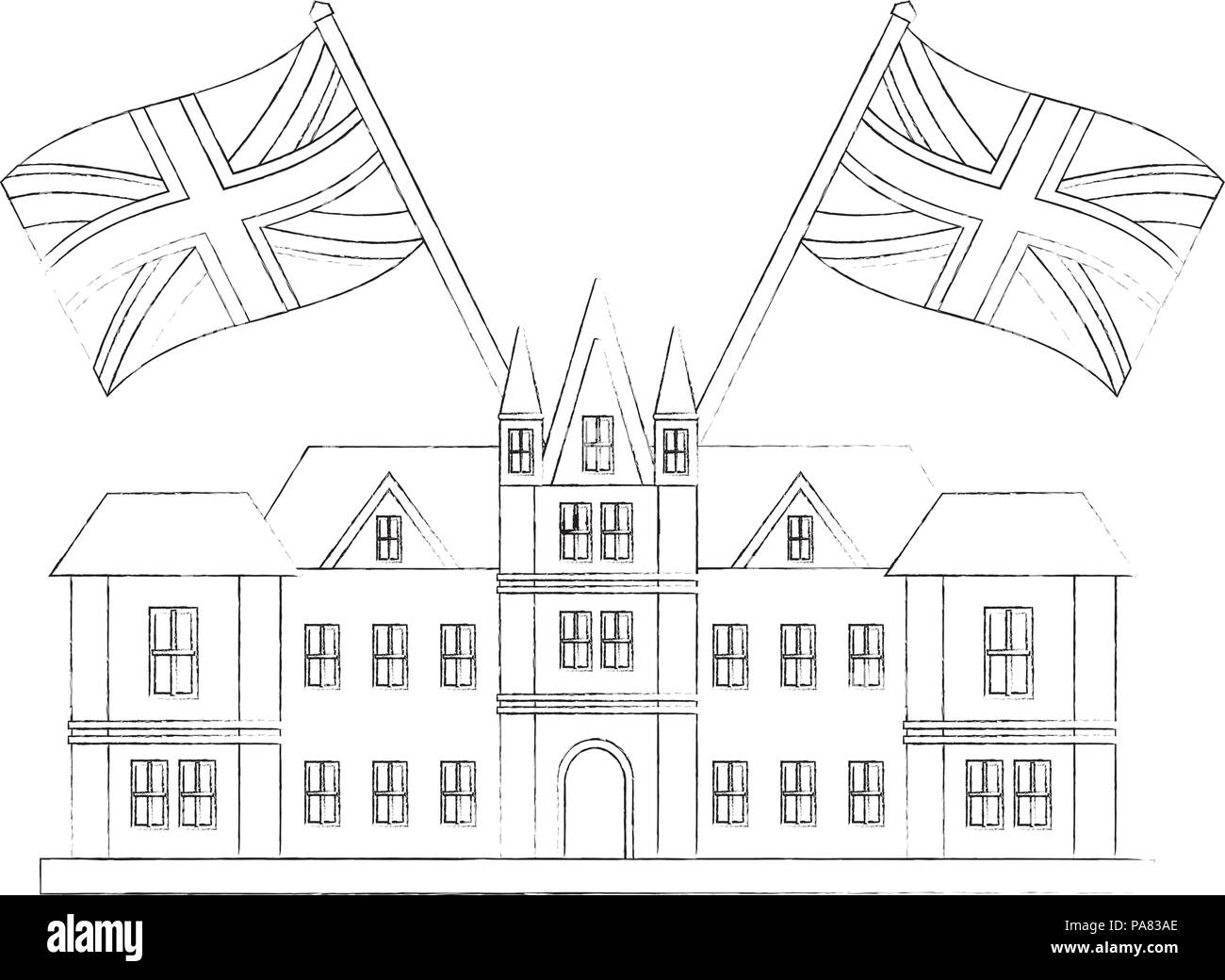 Britische schloss mit Fahnen Großbritannien Vector Illustration Design Stock Vektor