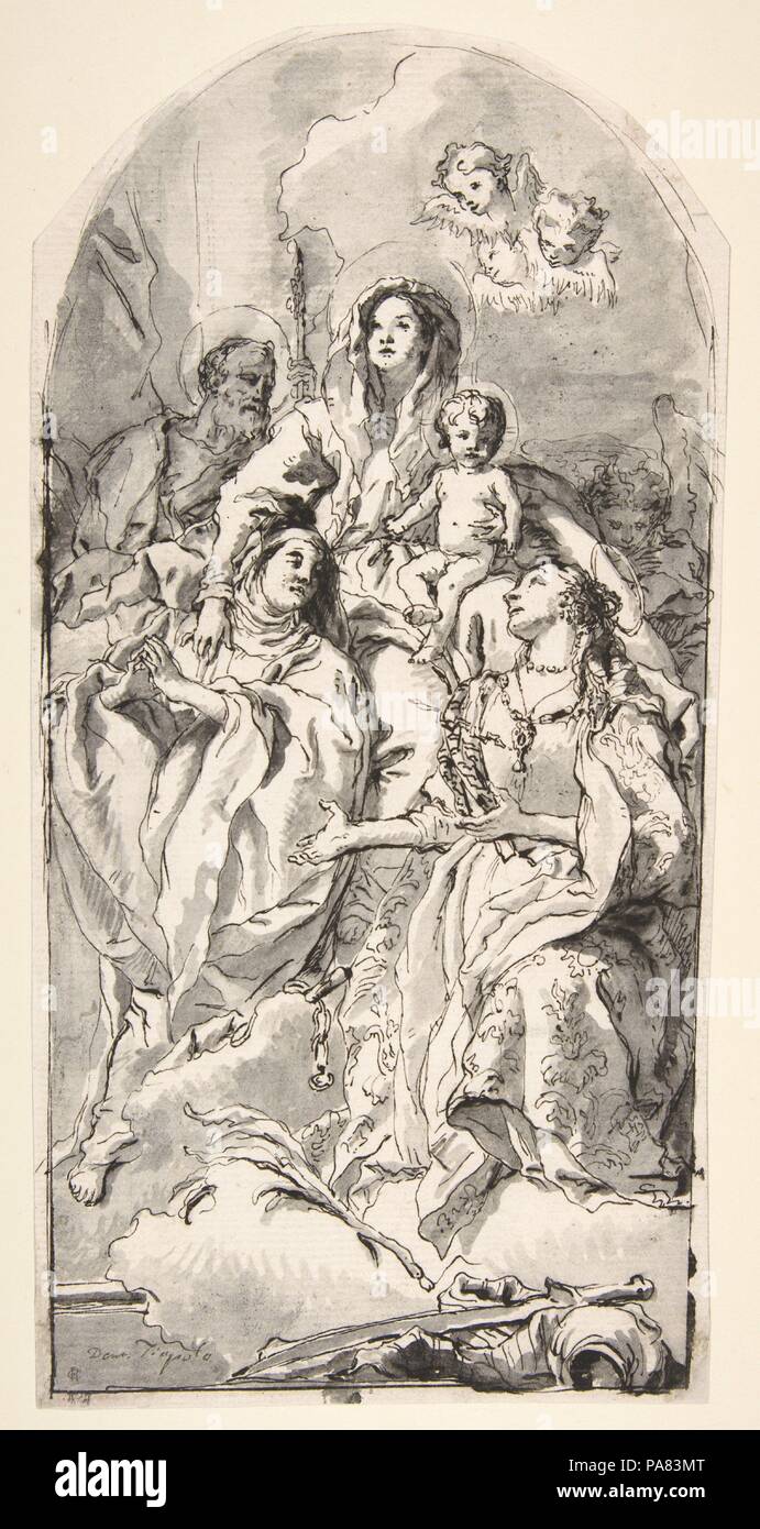 Die Heilige Familie mit zwei weiblichen Heiligen. Artist: Giovanni Domenico Tiepolo (Italienisch, Venedig Venedig 1727-1804). Abmessungen: 13-1/8 x 6-9/16-in. (33,3 x 16,7 cm). Datum: 1727-1804. Museum: Metropolitan Museum of Art, New York, USA. Stockfoto