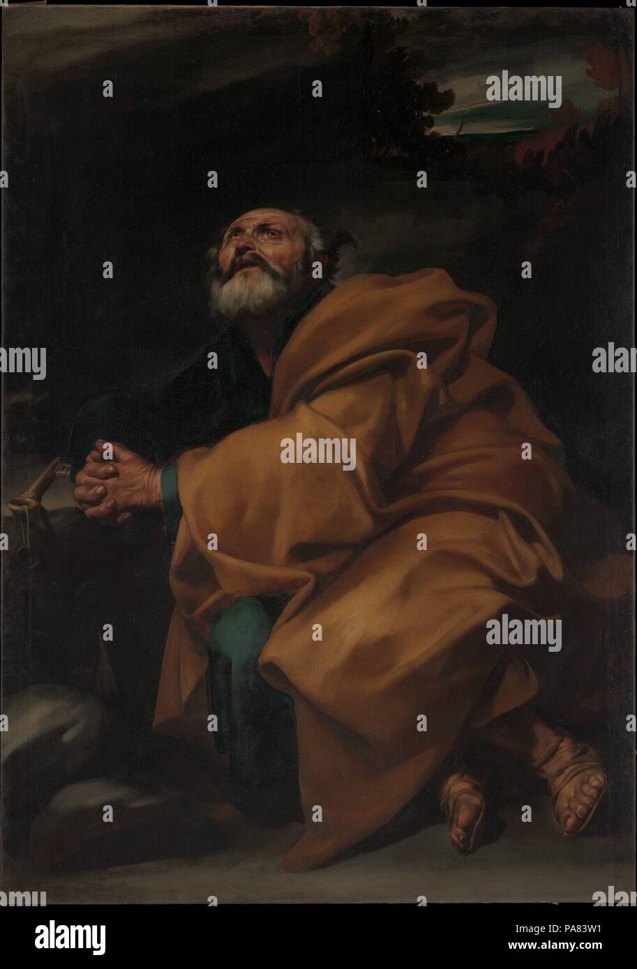Die Tränen des Petrus. Artist:: Bellotto (genannt Lo Spagnoletto) (Spanisch, Játiva 1591-1652 Neapel). Abmessungen: 63 3/4 x 45 in. (161,9 x 114,3 cm). Datum: Ca. 1612-13. Der heilige Petrus, seine Augen rot mit Tränen und Seine Hände zum Gebet gefalteten, ist nach seiner Verleugnung Christi gezeigt. Das Vergießen von Tränen der Buße wurde in Poesie und Gesang gefeiert und war der Schlüssel zu hingebungsvollen Praxis. Durch Geburt Spanisch, Ribera nach Italien, als er vierzehn war, 15. Er wurde bald einer der wichtigsten und einflussreichsten Anhänger von Caravaggios Stil. Seine Kunst war in der developme Stockfoto