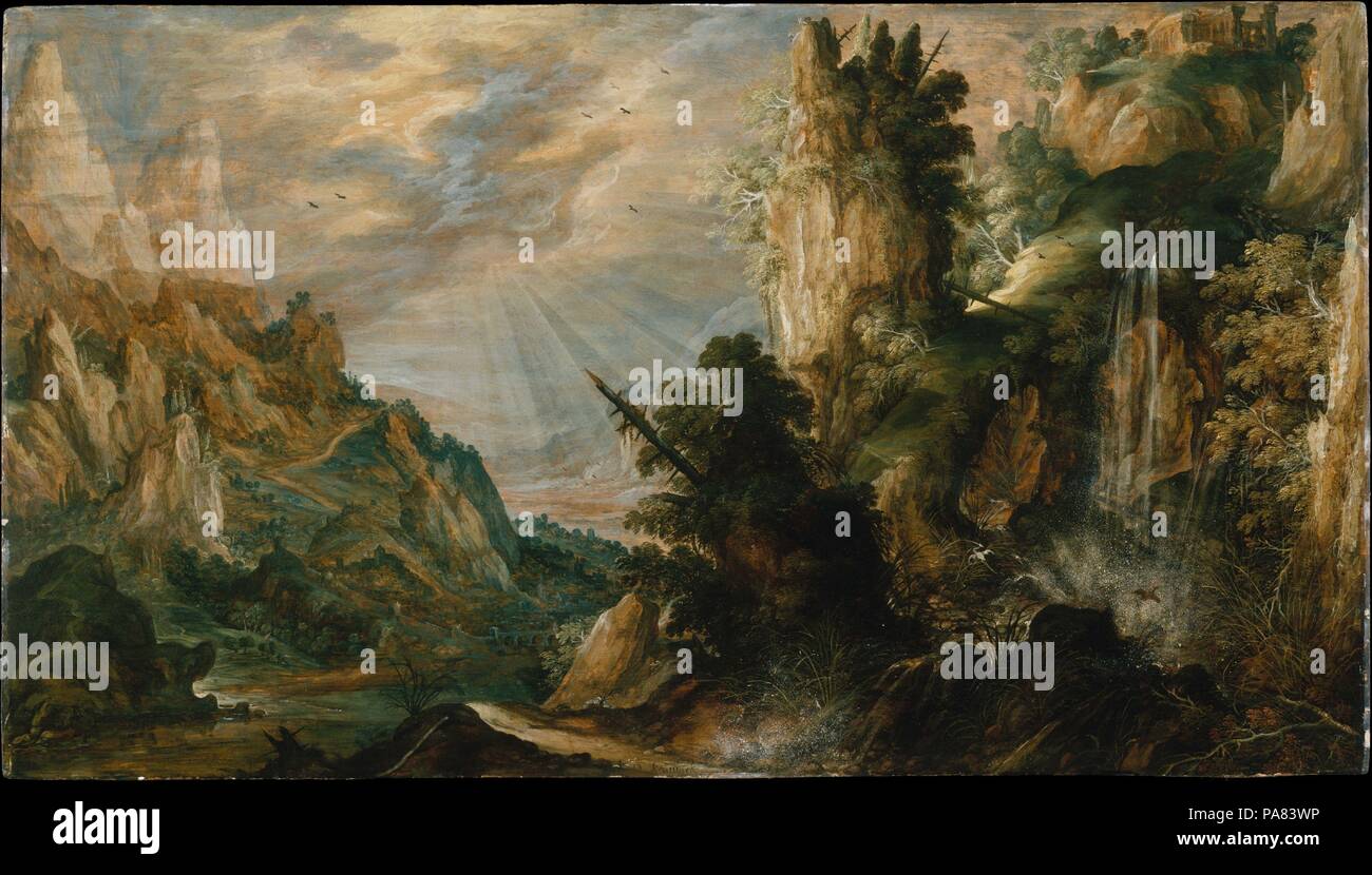 Eine bergige Landschaft mit Wasserfall. Artist: Kerstiaen de Keuninck (Flämisch, Kortrijk Ca. 1560-1632/33, Antwerpen). Abmessungen: 27 1/4 x 48 in. (69,2 x 121,9 cm). Datum: Ca. 1600. Im Gegensatz zu Jan Brueghel der Ältere, der eine führende Figur in der Entwicklung der realistischen Landschaftsmalerei, Kerstiaen de Keuninck der flämischen Tradition der imaginären Berglandschaft, die von Patinir herab fortgesetzt. Dieses große Panoramablick auf die Landschaft, die von fantastischen Berge und Felsen beherrscht, ist ein frühes Werk des Künstlers und war wahrscheinlich in Antwerpen gemalt. Er illustriert seine Sorge mit Cont Stockfoto