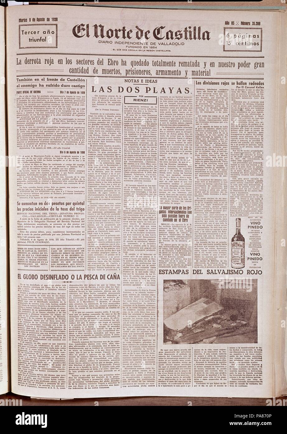 PERIODICO EL NORTE DE CASTILLA - 1938. Lage: Biblioteca Municipal, MADRID. Stockfoto