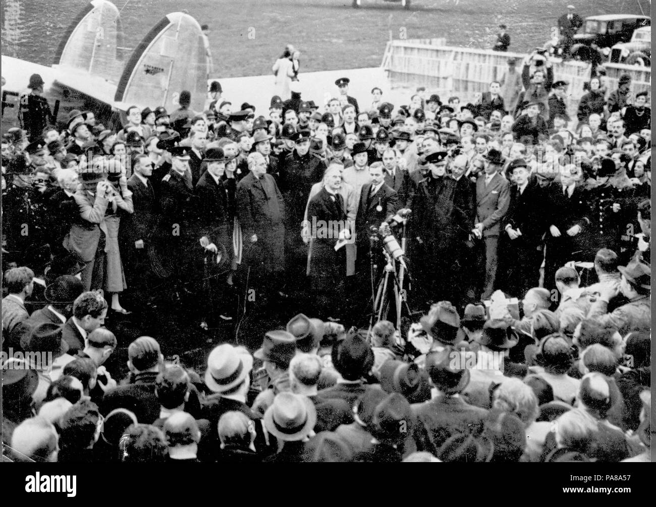 Chamberlain Rückkehr von der Konferenz in München, 30. September 1938. Museum: Staatliche Russische militärische Geschichte Archiv. Stockfoto