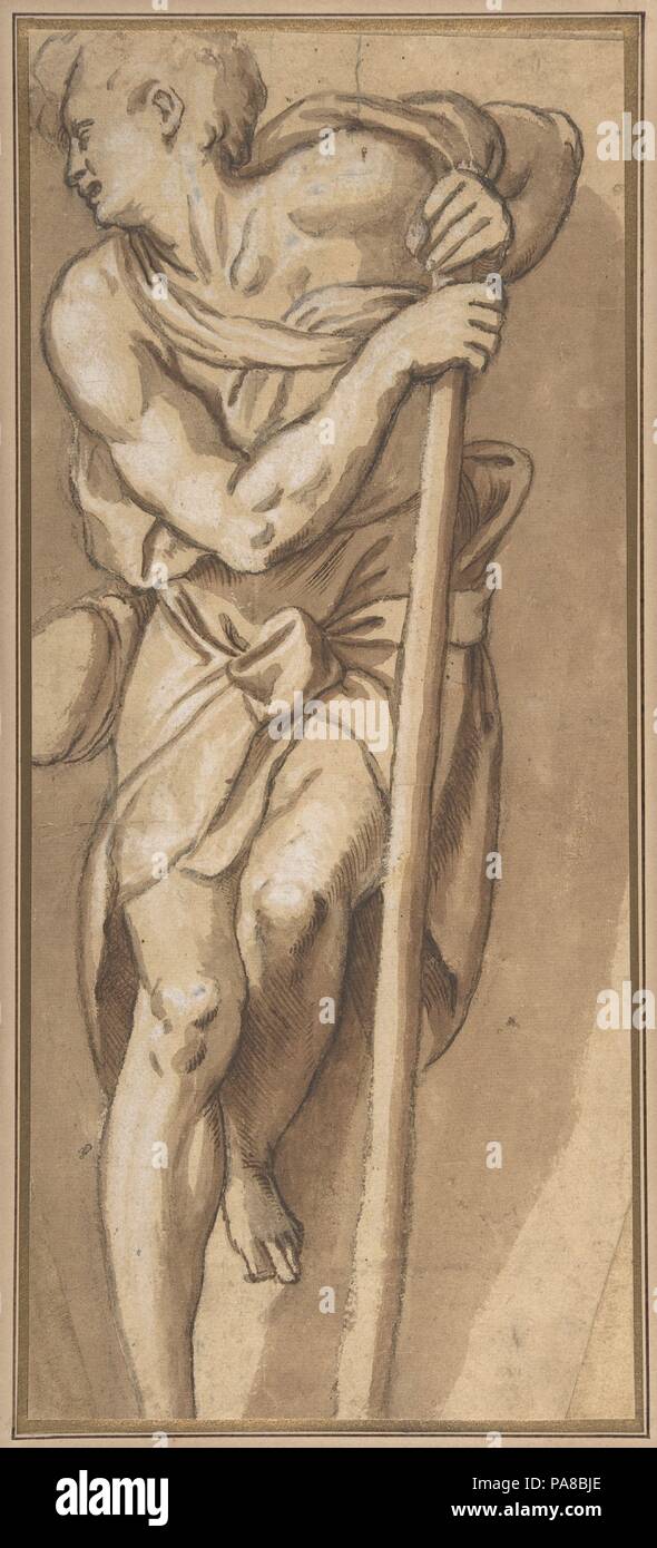 Ein Mann ruht auf einem Personal. Artist: Paolo Farinati (Italienisch, Verona Verona 1524-1606). Maße: Blatt: 15 5/16 x 6 5/8 in. (38,9 x 16,8 cm). Datum: n. d.. Dieser imposanten Zahl Studie eines Mannes der Michelangelesque Anatomie, teilweise stehen und stützte sich auf eine lange Personal, wird sorgfältig in einer sehr bildhaften Technik des braunen wäscht und weißen Gouache gerendert, über eine vorläufige underdrawing in schwarzer Kreide; einige Bereiche in der Wäsche Schattierung werden selektiv mit Pen-und-Tinte schlüpfen. Die dicke, dunkle Konturen mit der Bürste, sowie die deutliche klangliche Kontraste, eine der 16. Jahrhundert ch erinnern Stockfoto