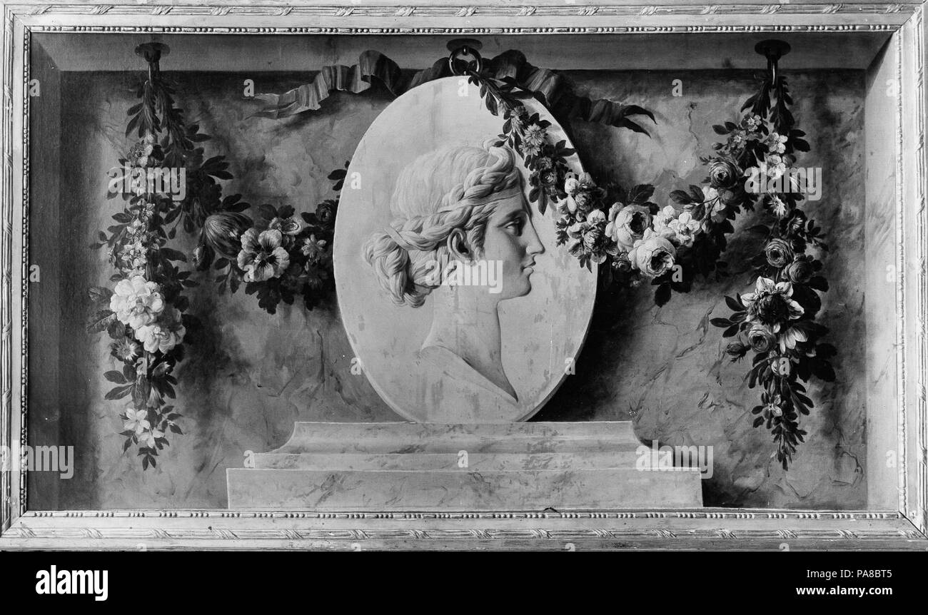 Weibliche Büste in einem Oval Medaillon drapiert mit einer Girlande (einer von ein paar). Artist: Französischer Maler, Ca. 1770-75. Kultur: Französisch. Abmessungen: Insgesamt (sehen): 32 5/8 x 60 3/8 in. (82,9 × 153,4 cm). Datum: 1770-75. Diese overdoor Panel ist eine von ein paar mit 07.225. 505b. Museum: Metropolitan Museum of Art, New York, USA. Stockfoto
