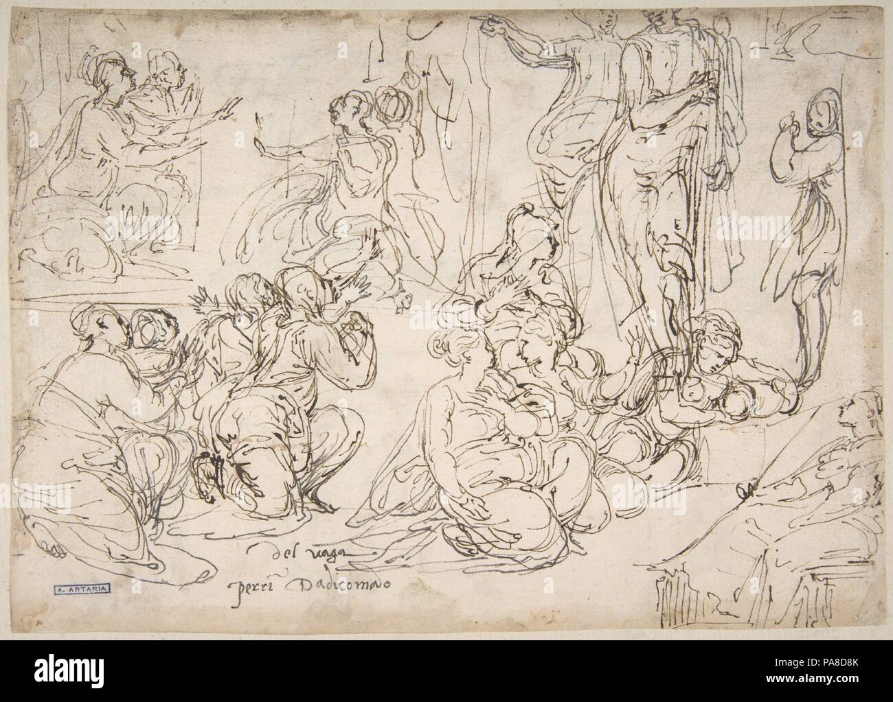 Kniend, sitzenden und stehenden Zahlen (recto); Sitzend, kniend und liegende Figuren (verso). Artist: Perino Del Vaga (Pietro Buonaccorsi) (Italienisch, Florenz 1501-1547 Rom). Abmessungen: 6 3/8 x 8 7/8 in. (16,2 x 22,5 cm). Datum: 1501-47. Viele der schönsten Zeichnungen Perino die Ausstellung die Flüssigkeit, energisch, und scribbly Stil hier gesehen. Die Art und Weise, in der das gesamte Blatt mit schnellen, unabhängigen Skizzen gefüllt ist, zeigt kreative Phantasie des Künstlers bei der Arbeit. Obwohl keine der Figuren oder Motive hat, die mit einem bestimmten Gemälde oder andere fertige Komposition verbunden wurde, mindestens Stockfoto