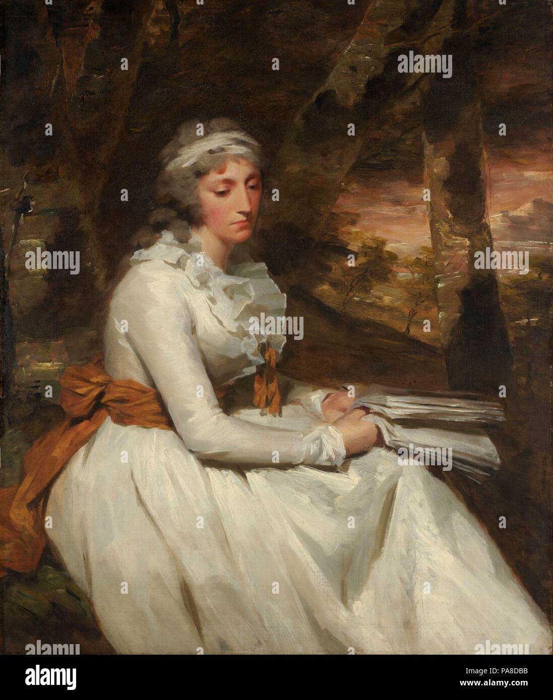 Frau Richard Alexander Oswald (Louisa Johnston,?, 1760 geboren, gestorben 1797). Artist: Sir Henry Raeburn (British, 1756-1823 Stockbridge, Schottland Edinburgh, Schottland). Abmessungen: 48 1/2 x 40 7/8 in. (123.2 x 103.8 cm). Datum: Ca. 1794. Das Porträt war etwa ein Jahr nach der Eheschließung des Porträtierten in 1793 an Richard Alexander Oswald gemalt. Lob der Schönheit, der schottischen Dichter Robert Burns einen Song schrieb, 'O, Wat ihr Wha in Yon Stadt." Die untergehende Sonne leuchtet auf brillante Weise den Himmel durch einen Bildschirm von Baumstämmen und Laub, ein Gerät Raeburn in der Mitte der 1790er Jahre begünstigt. Der Betreff wird gezeigt se Stockfoto