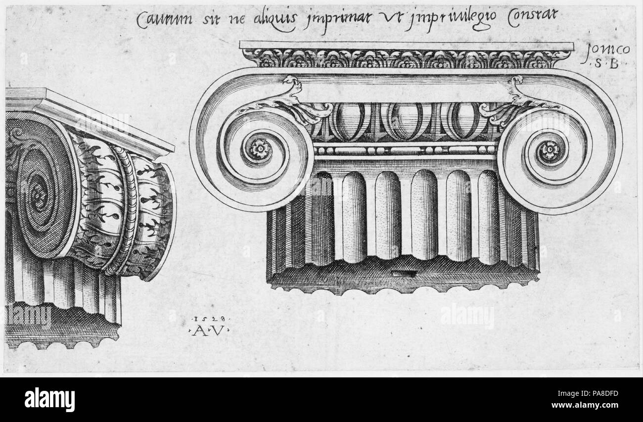 Speculum romanae Magnificentiae: Ionische Kapital. Artist: Agostino Veneziano (Agostino dei Musi) (Italienisch, Venedig Ca. 1490 - Nach 1536 Rom). Maße: Blatt: 4 1/4 x 7 5/16 in. (10,8 x 18,6 cm). Datum: 1528. Dieser Ausdruck stammt aus der Kopie für das Museum von Speculum romanae Magnificentiae (Der Spiegel der Römischen Pracht) Das Speculum seinen Ursprung im Verlags- Bemühungen von Antonio Salamanca und Antonio Lafreri gefunden. Während der Römischen publishing Karrieren, die zwei ausländische Verlage -, die zwischen 1553 und 1563 arbeitete initiierte die Herstellung von Bildern Aufnahme Kunstwerke, architectu Stockfoto